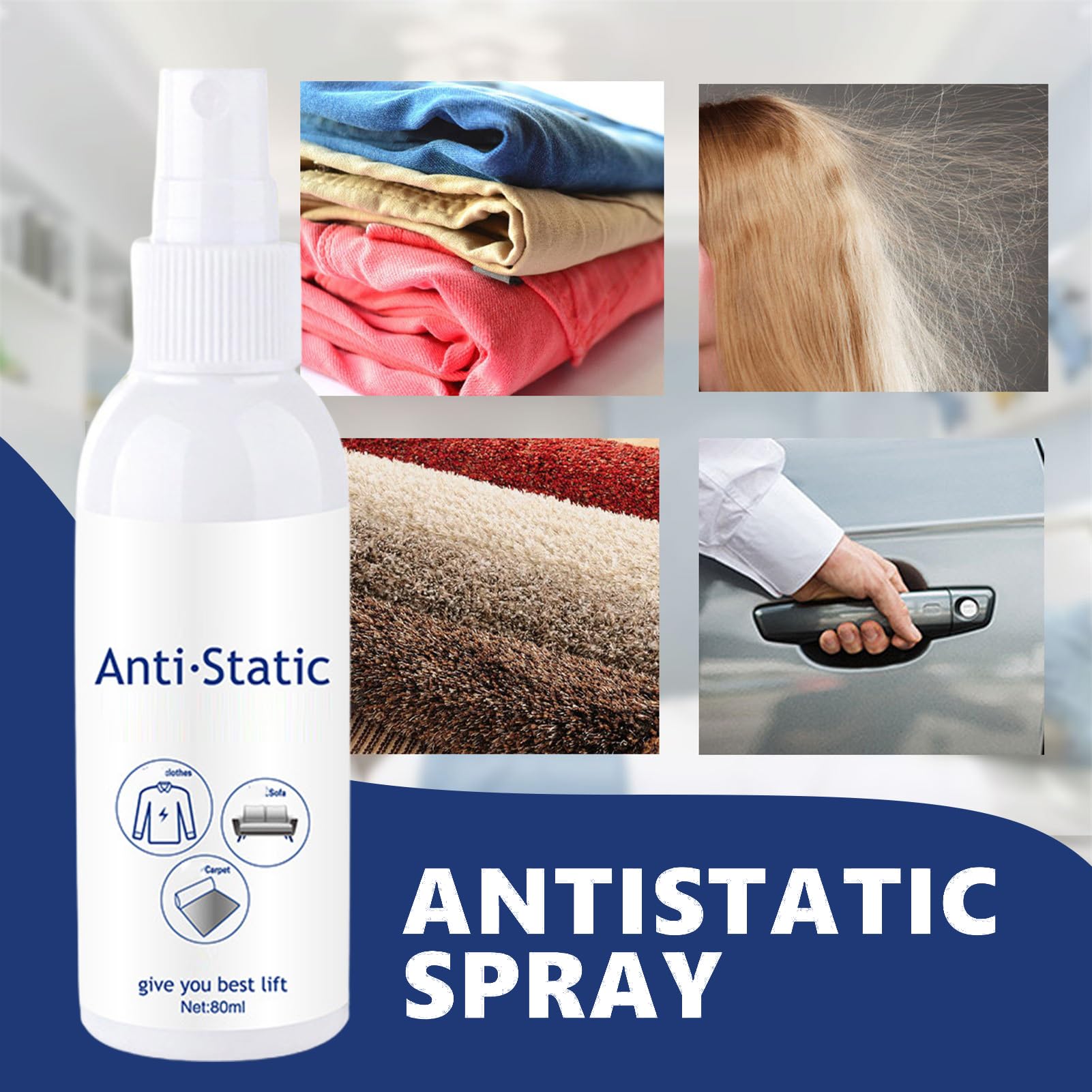 Spray Antistatique Pour Vêtements - Flacon 80ml Élimine Instantanément L'Électricité Statique Cheveux Et Tissus - Adoucissant Instantané Anti-Frisottis pour Vêtements et Tapis