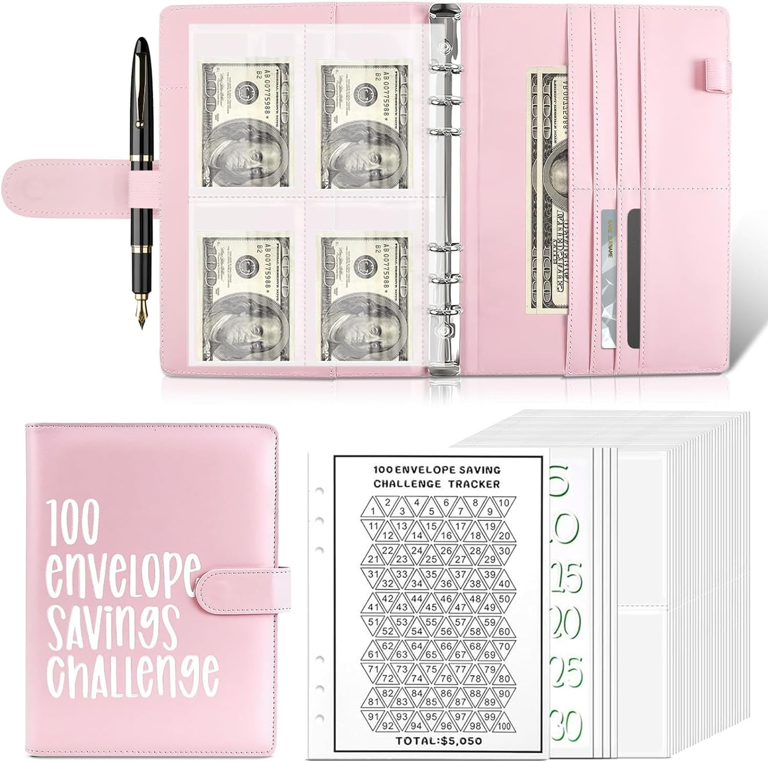 100 Envelope Money Saving Challenge Binder Kit, PU Leather A5 Budget Planner with Cash Envelopes for Financial Goals, Unique Gift for Savings Enthusiasts (Pink)