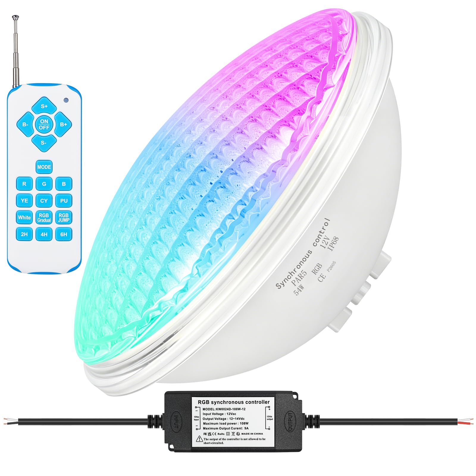 Illuminazione LED per piscina RGB, 54W, PAR56, luce subacquea, lampada da bagno, sincronizzazione esterna con telecomando, 12 V AC, IP68 impermeabile