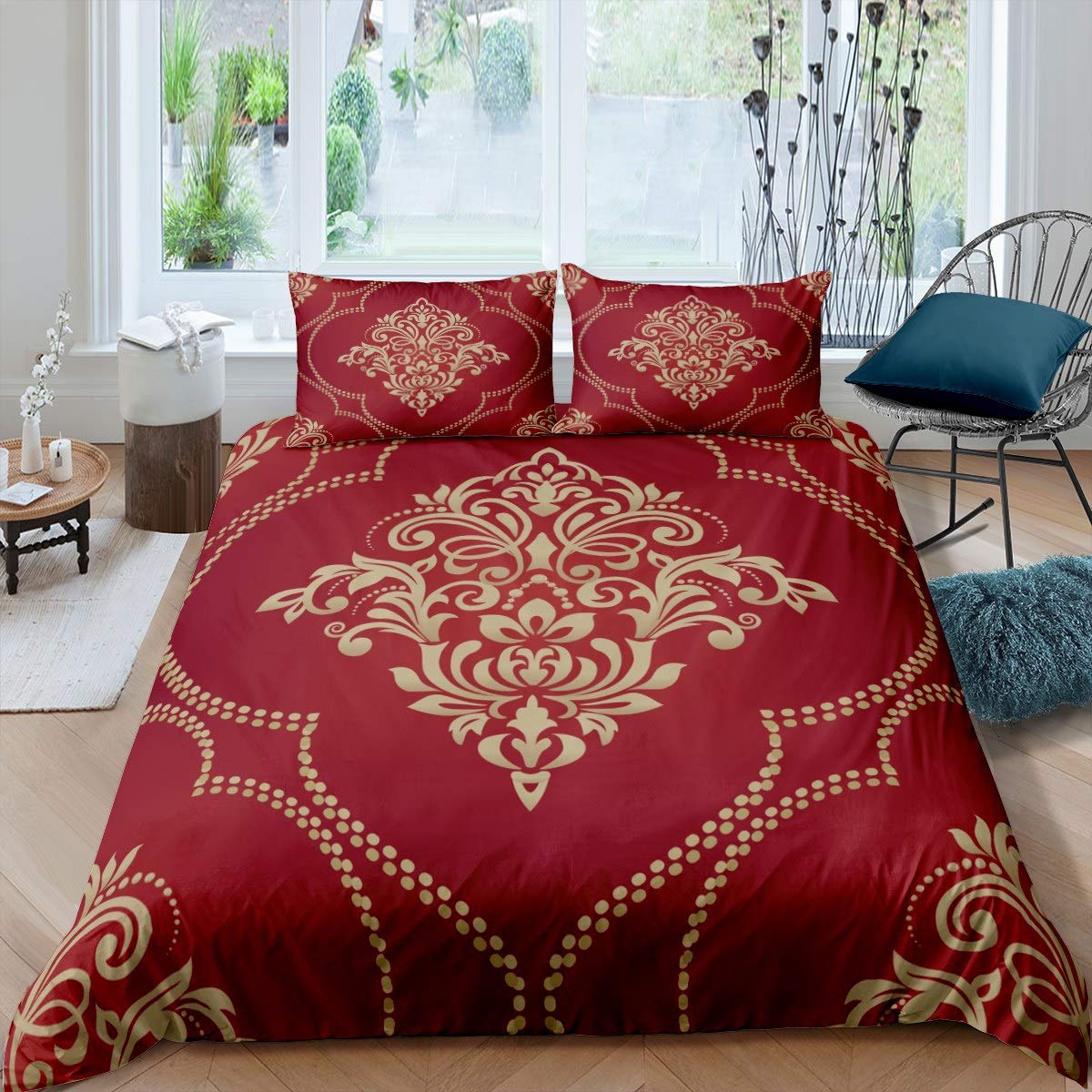 Loussiesd Bohemian Comforter Cover Set Boho Mandala Print Duvet Cover Set for Kids Women Adults Indian Tribal Floral Bedding Set Soft Quilt Cover Bedroom Collection 3Pcs Super King,Red
