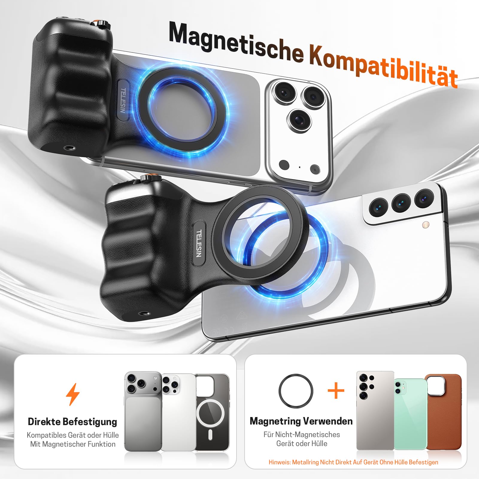 Jeebel Smartphone Handle Grip, Magnetische Handgriff mit Abnehmbarer Bluetooth-Fernbedienung & 1/4"-Gewinde für Selfies VLOG Videoaufnahme, Universelle iPhone Android Telefone Handhalterung