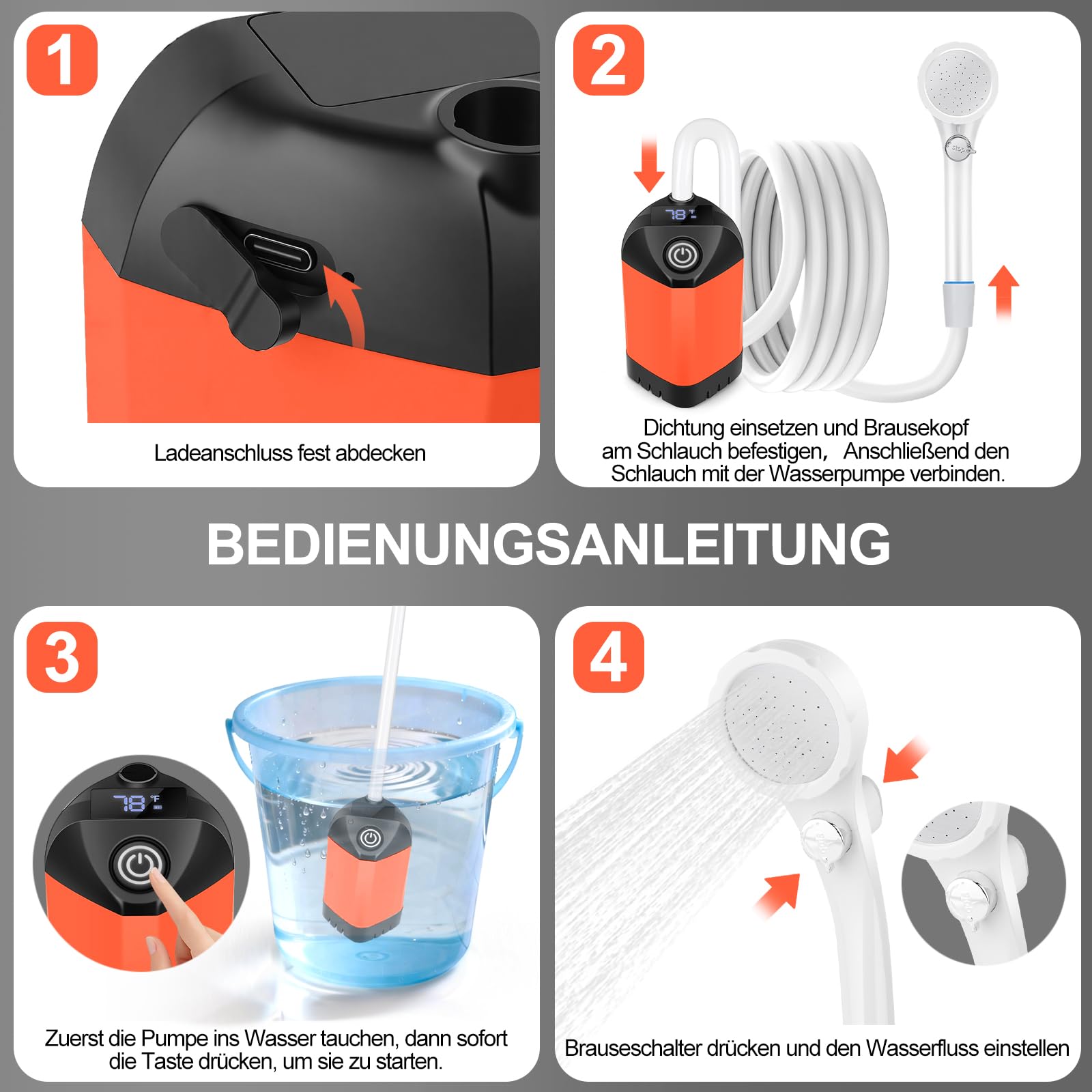 B013 Portable Camping Dusche mit 7800mAh Akku, USB-C, 3-Stufen Duschkopf & leiser Pumpe – Wasserdicht mit LED Temperaturanzeige für Vanlife, Outdoor Reise, Strand & Haustier