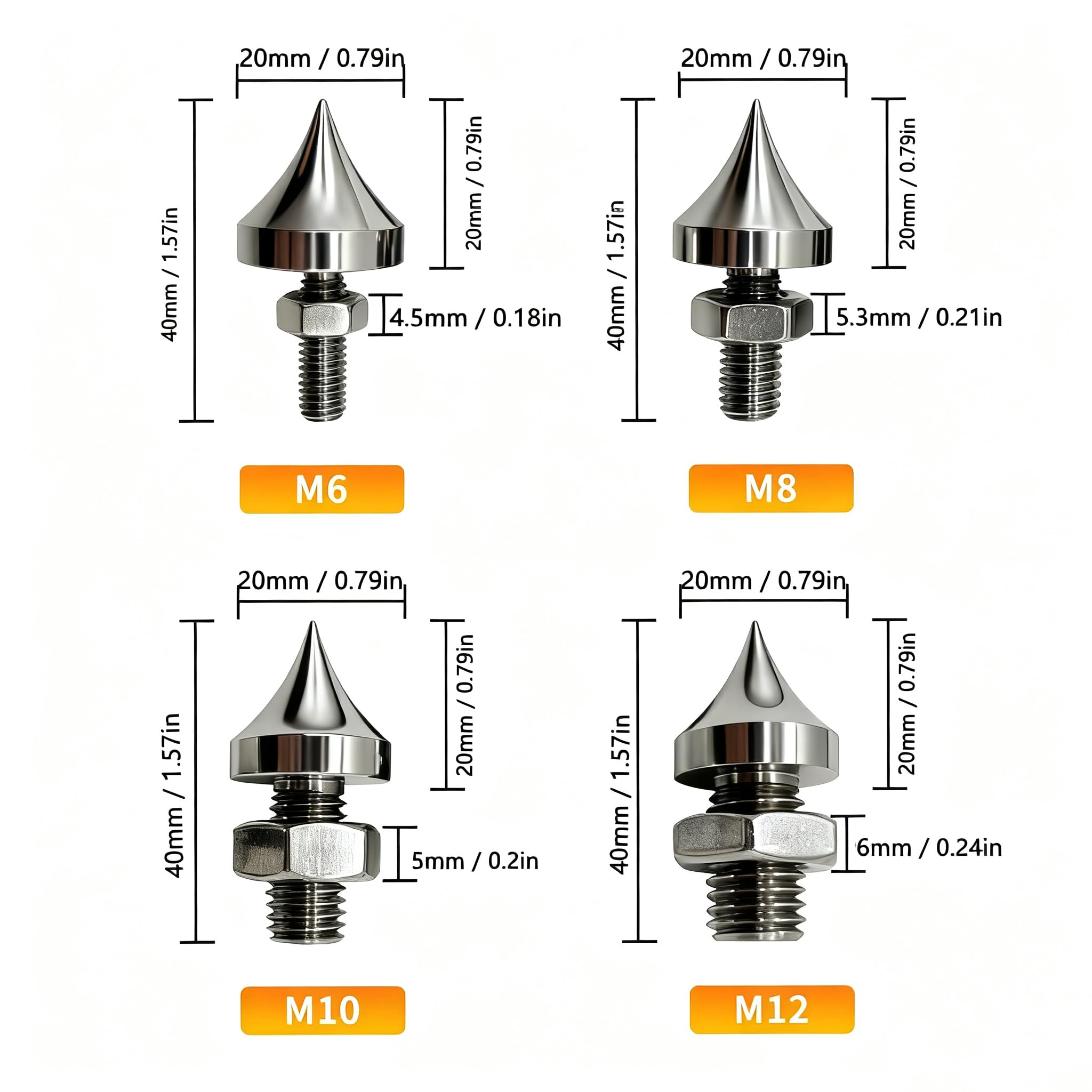 Tissting Lot de 4 pics d'isolement pour haut-parleur M6/M8/M10/M12 en acier inoxydable HiFi pour amplificateur, lecteur CD, DVD (M8)