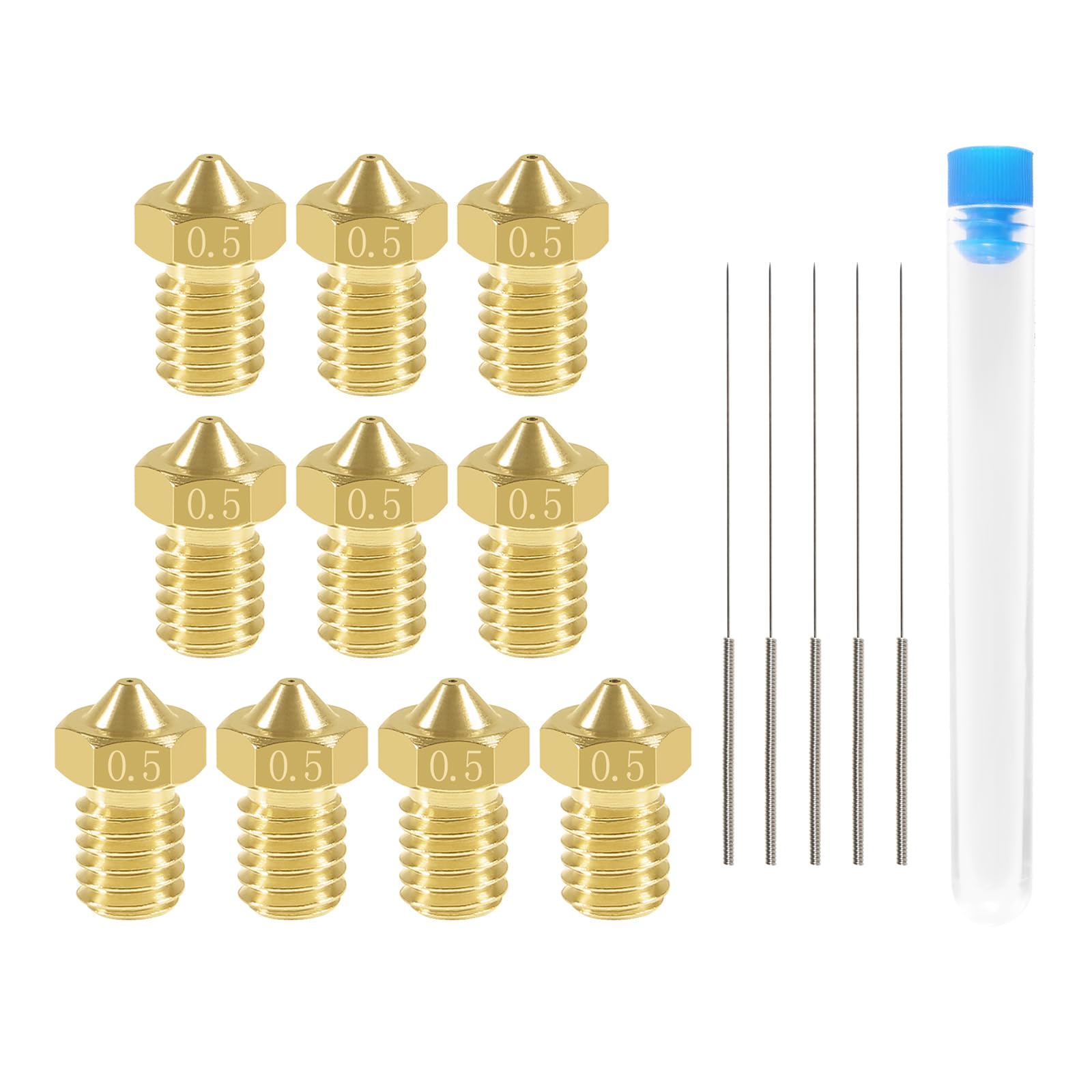 Aokin10 Pcs 0.5mm Extruder Nozzles 3D Printer Brass Nozzles for E3D V5 V6 and 5 Pcs 0.4mm Stainless Steel Nozzle Cleaning Needles for 1.75mm Filament 3D Printer
