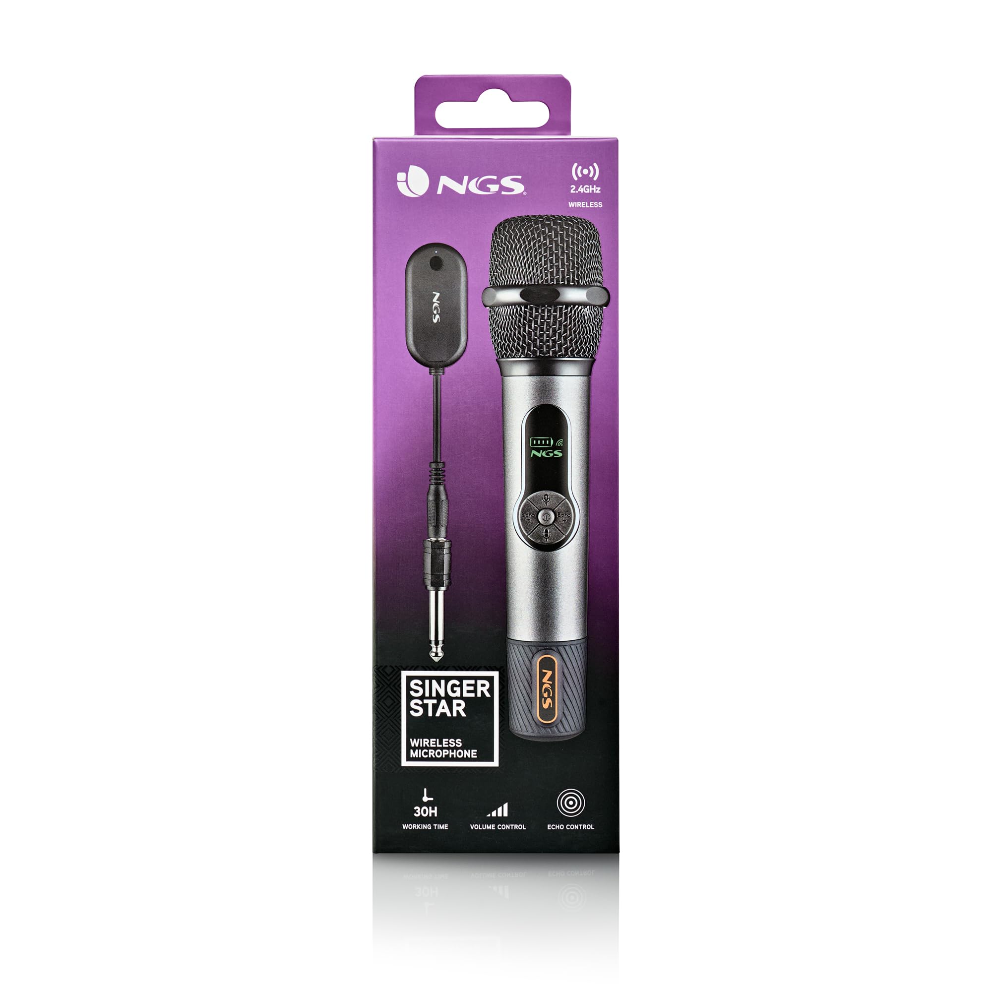 NGS Singer Star - Micro sans Fil Dynamique 2,4 GHz, autonomie, contrôle du Volume et de l’écho 30 h, indicateur de Batterie, Prises Jack 3,5 mm et 6,3 mm, karaoké et événements idéaux