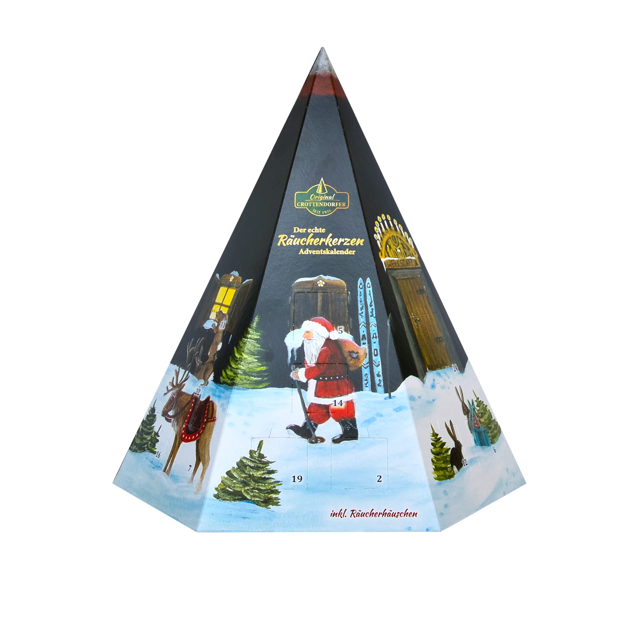 Der echte Räucherkerzen Adventskalender Pyramide mit Räucherhäuschen aus Metall und Original Crottendorfer Räucherkerzen