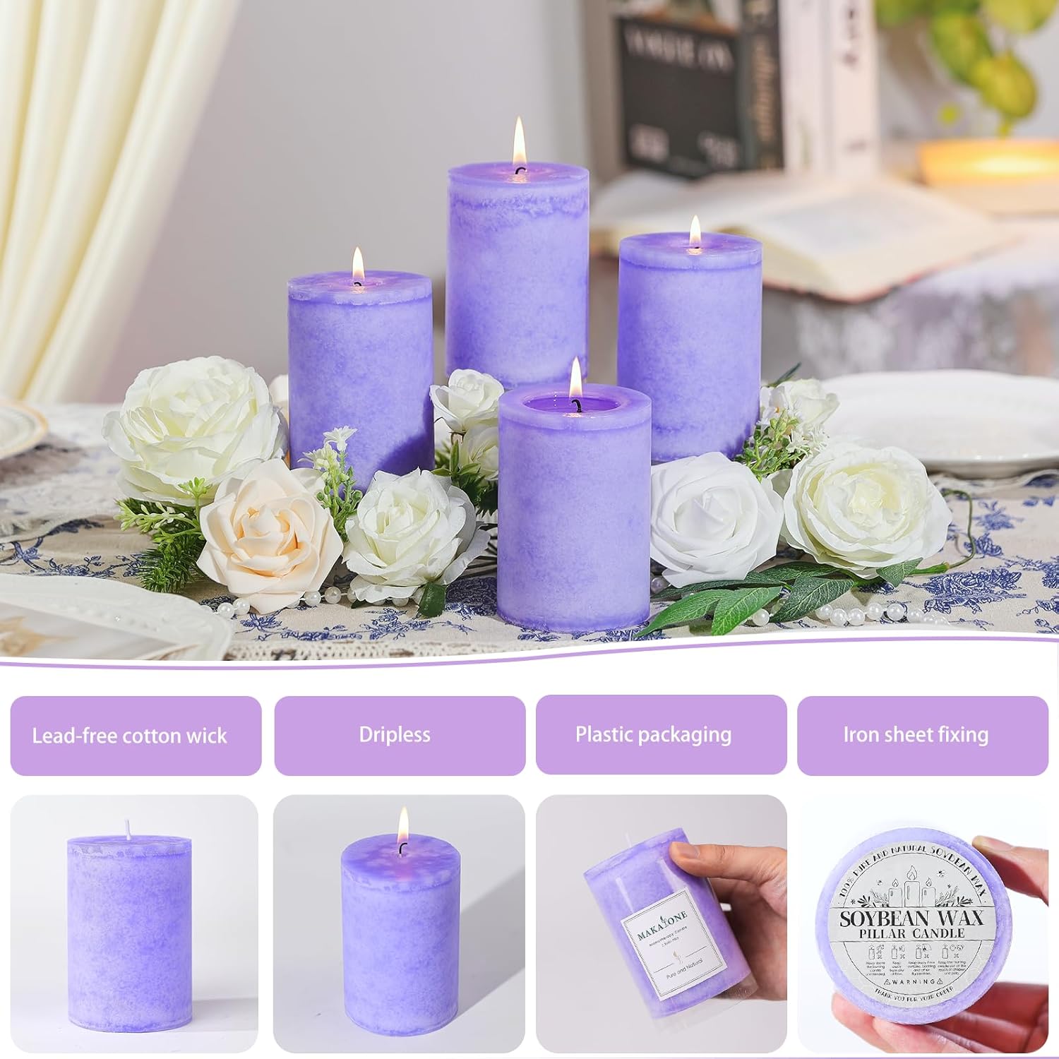 4 Pack Lavender Scented Pillar Candles-2.8x4 in Purple Decorative Candles,60-Hour Long Lasting Burn,Handmade Rustic Pillar Candles for Home Fragrance,Stress Relief, Home Spa & Meditation