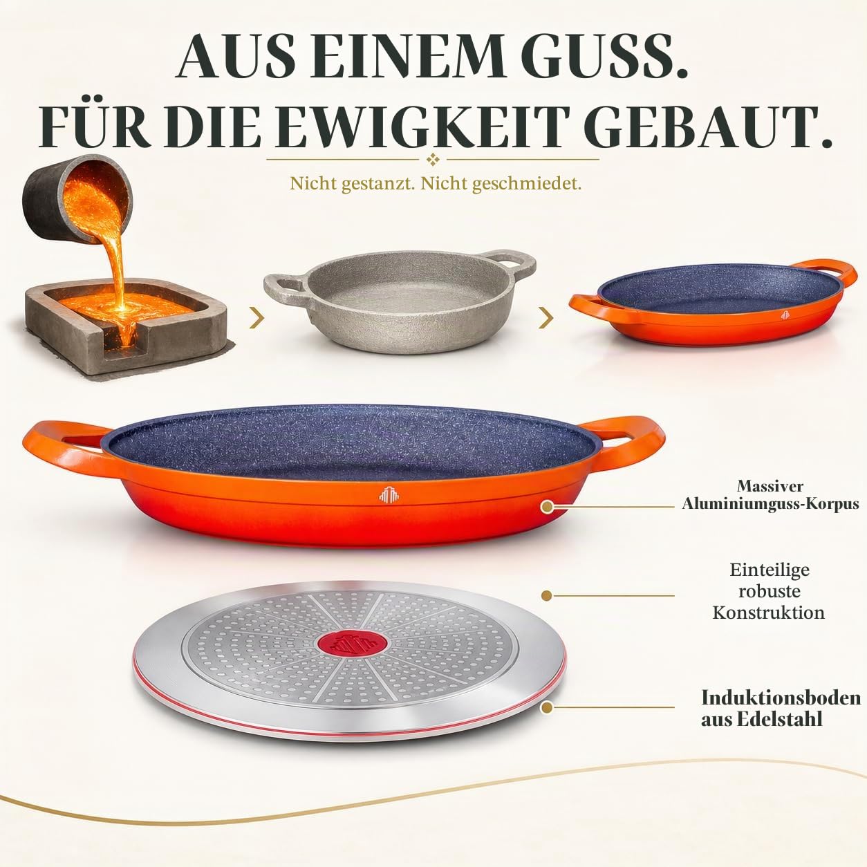 INTIGNIS Professionelle Paellapfanne | 40 cm große Bratpfanne | Aluminium | Antihaftbeschichteter Marmor | Frei von Chemikalien | Für alle Induktionsherde, ofenfest