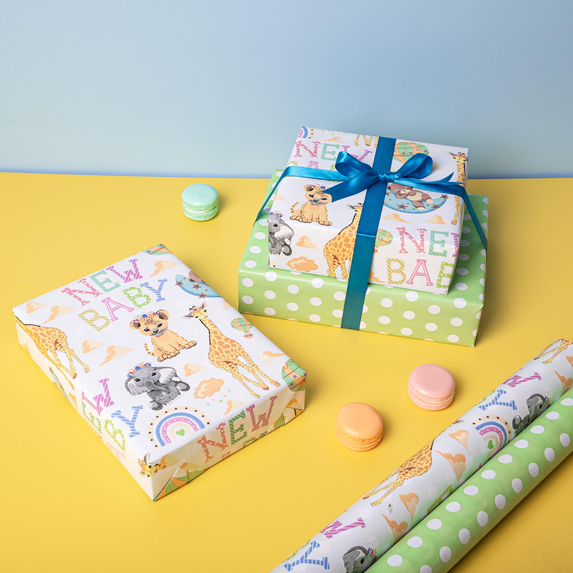 Altarho Papel de regalo reversible para baby shower para niños y niñas, 17 pulgadas x 33 pies, animales de jirafa león y nuevo diseño de bebé para baby shower, fiesta, cumpleaños, vacaciones