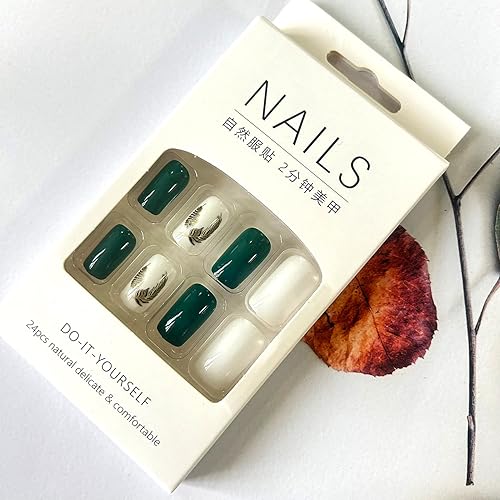 Miniatura 6 de 24 uñas postizas cuadradas medianas a presión, uñas postizas acrílicas artificiales con diseños de plumas doradas, cobertura completa,