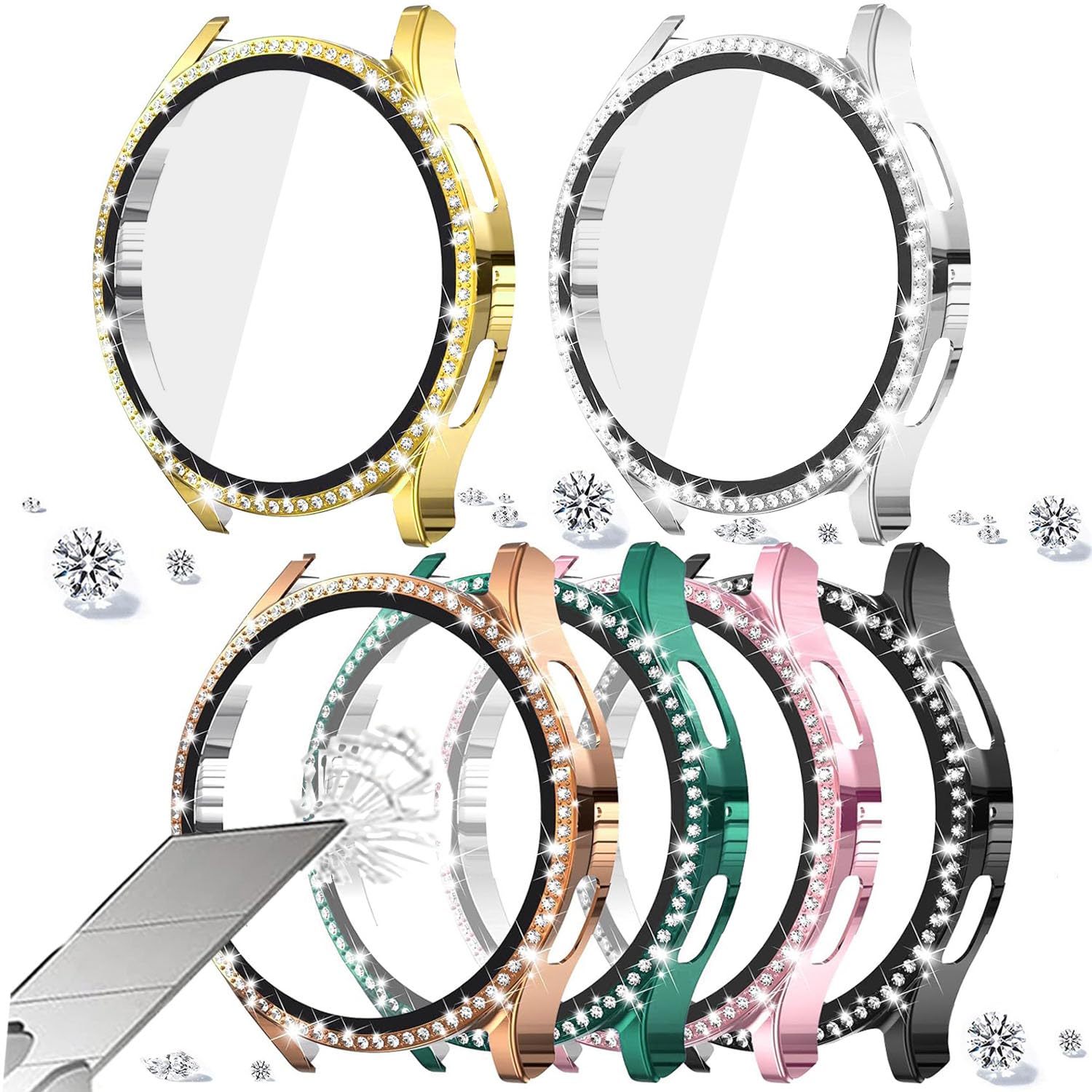 DEALELE [2-PACK] Case Compatible with Samsung Galaxy Watch 5/4 44mm, Bling Single-Row Diamond PC Protective Case Replacement Watch Cover Bumper (44mm, Gold+Transparent) — view 191