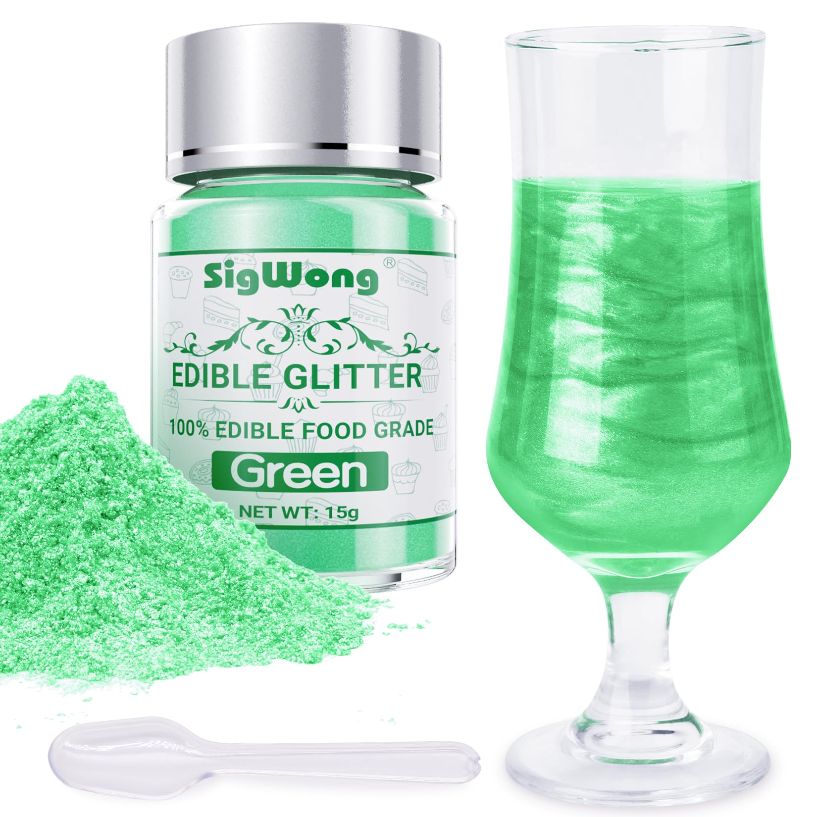 Edible Glitter, 15g Green Luster Dust Edible Powder Glitter, Food Grade Metallic Food Decorating Sprinkle Glimmery Dust for Drinks Wine, Powder Glitter for Fondant, Chocolate, Candy, Cookie, Vegan