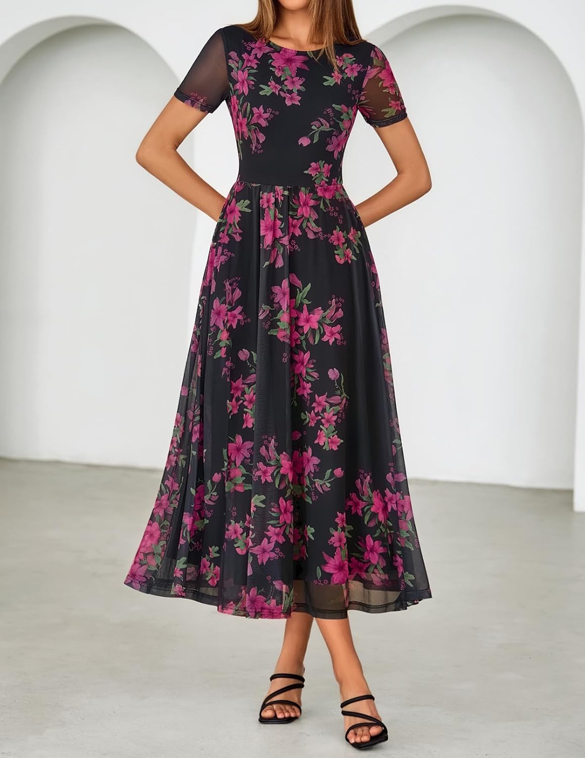 MEROKEETY Women' Summer Floral Maxi Dress 2026 Spring Mesh Short Sleeve Flowy Wedding Guest Beach Long Dresses - Image 2