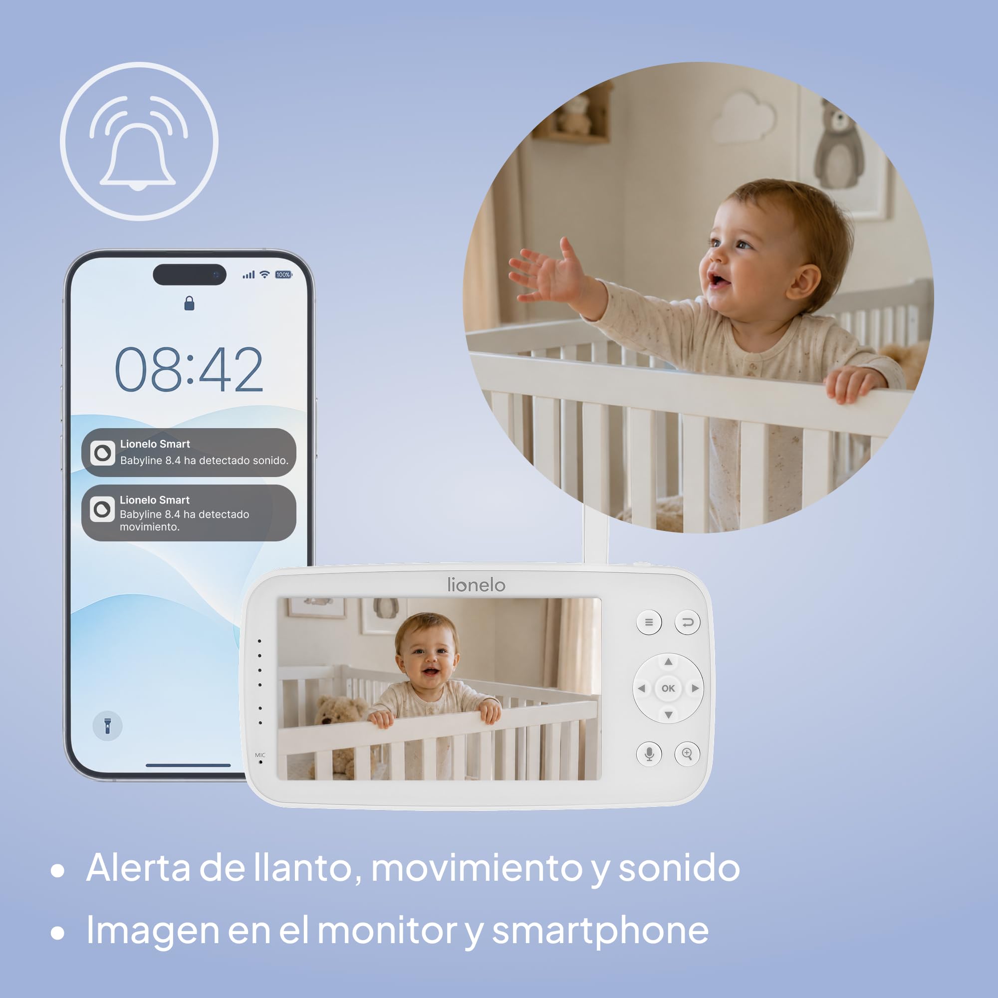 lionelo Babyline 8.4 Camara Vigilancia Bebe, Vigilabebes Full HD con App, Monitor 5", WiFi, Vision Nocturna IR, Deteccion De Movimiento y Llanto, Audio Bidireccional, 300 m, Temperatura