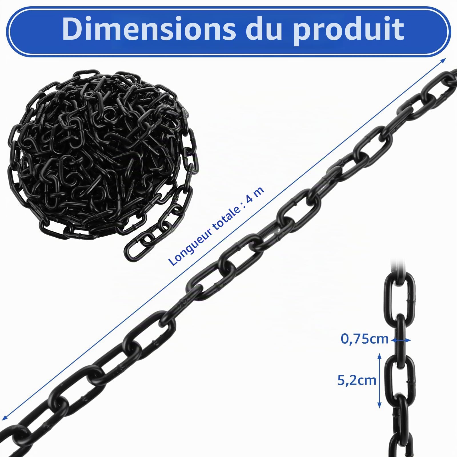 Chaîne laquée noire de 4 m, Ø 8 mm en acier au carbone, chaîne à bascule, fauteuil suspendu, chaîne de sécurité pour accrocher des clôtures