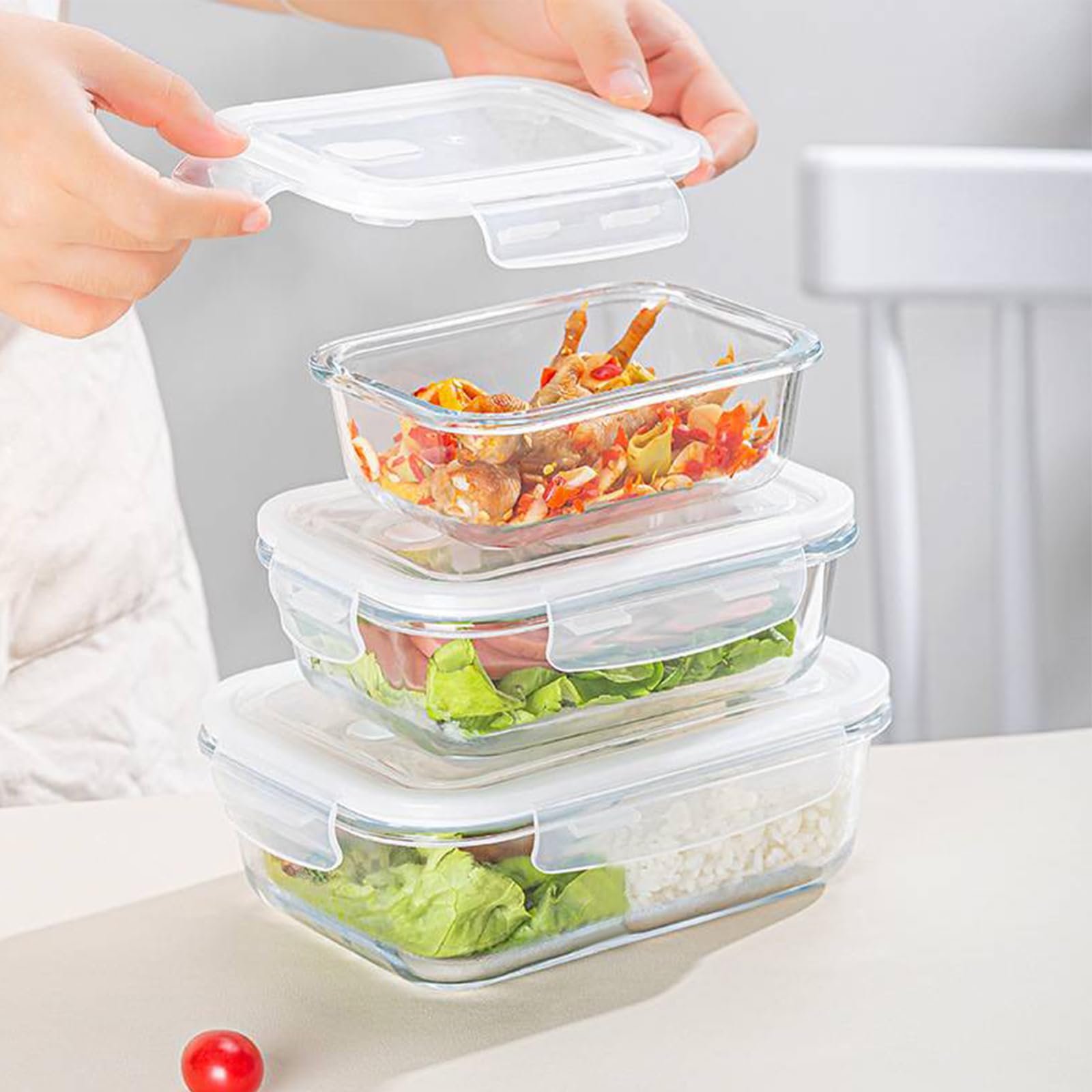 Frischhaltedosen aus Glas mit Deckel, luftdicht, Salatbehälter für Mittagessen, Mahlzeiten, Zubereitung und Reste für Mikrowelle, Ofen, Gefrierschrank und Spülmaschine, 425 ml, 680 ml, 1050 ml
