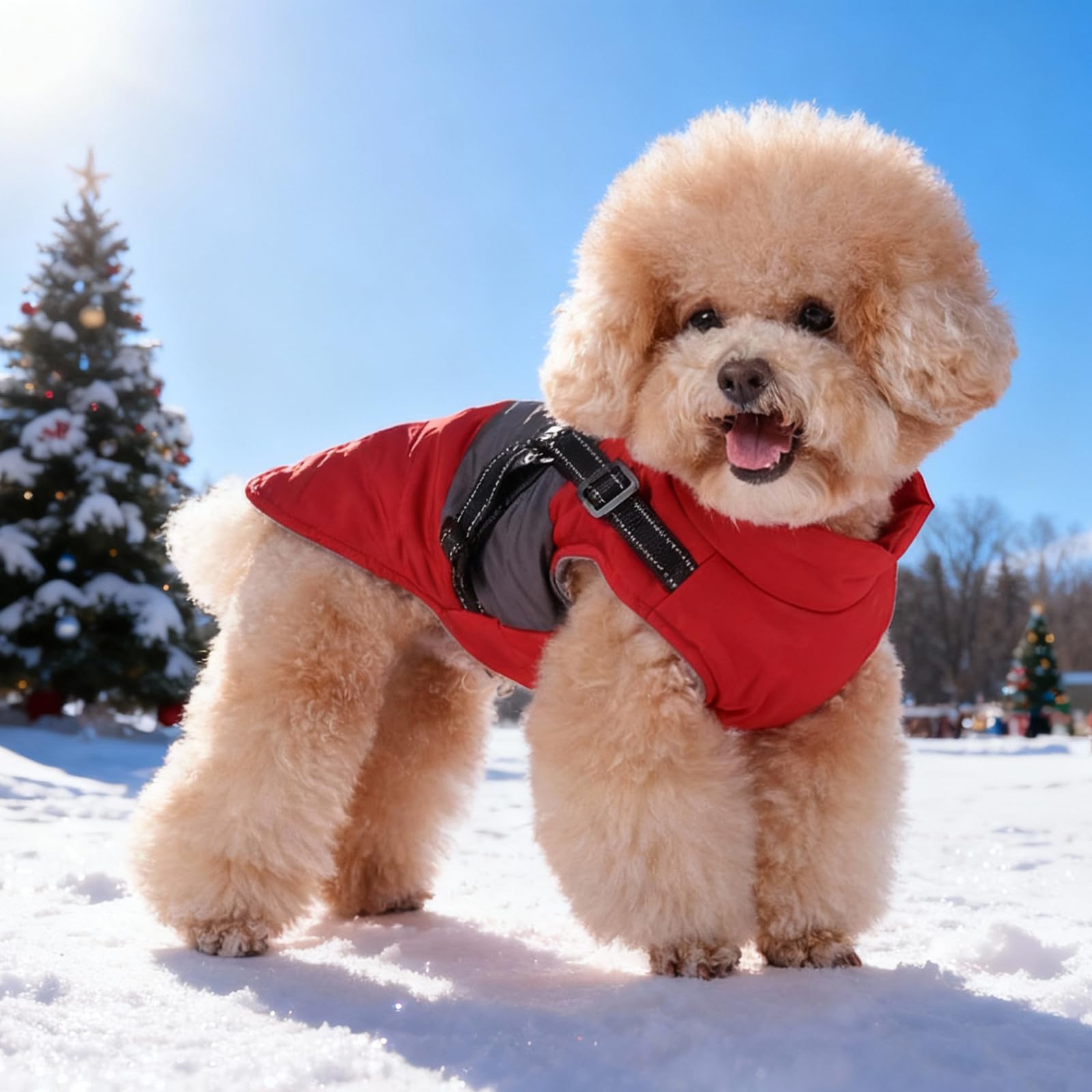 Veste pour chiens de petite et moyenne taille - Manteau d'hiver chaud et coupe-vent avec harnais - Pour animaux de compagnie - Chiots - Veste de ski d'extérieur - Rouge - Taille M
