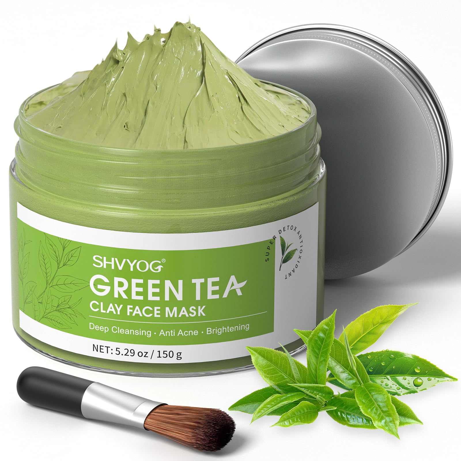 SHVYOG Green Tea Face Mask, Antioxidant Green Tea Clay Mask with Volcanic Mud, Deep Cleansing & Moisturizing & Hydrating Clay Facial Mask for Pores, Blackheads, Wrinkles, Dirts