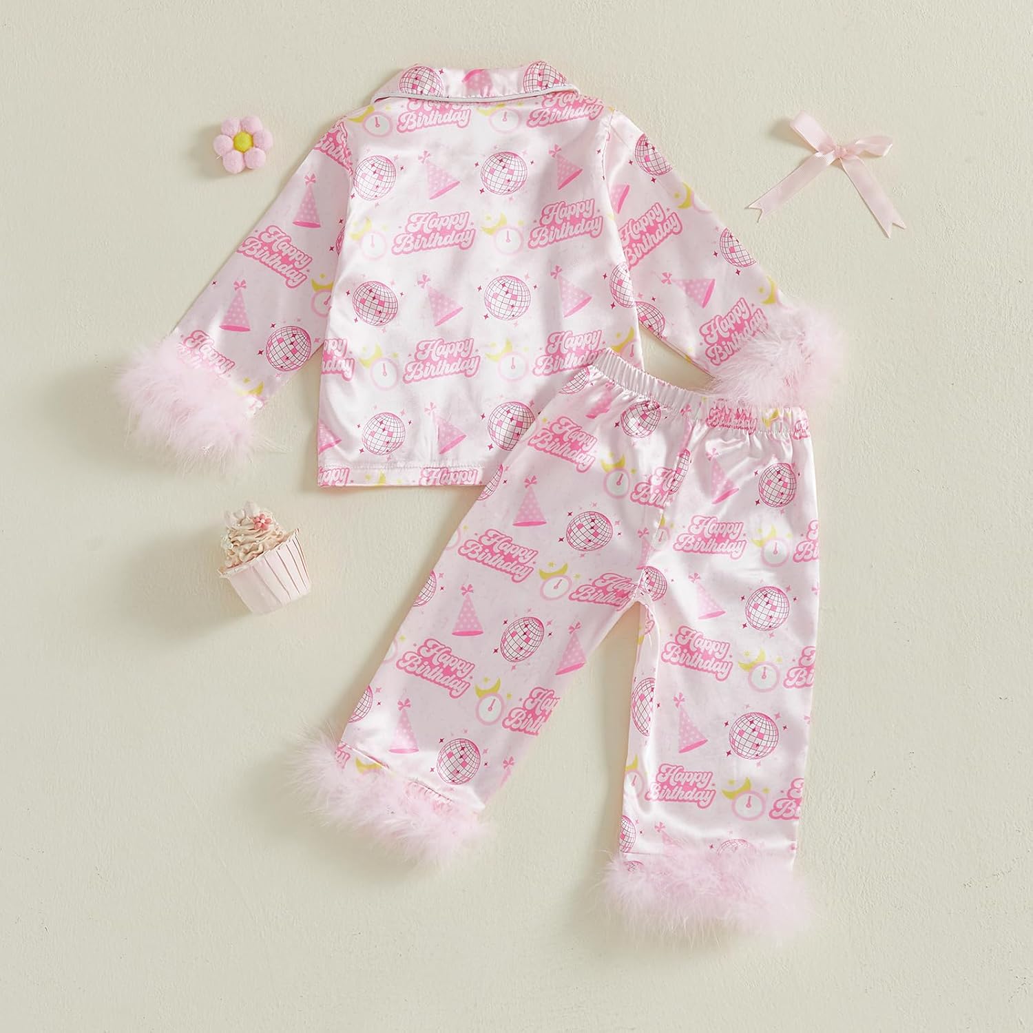 Toddlers Baby Girl Birthday Pajamas Satin Silk Pjs Button Down Long Sleeve Sleepwear Set Nightgowns, Pack of 2 - Image 8