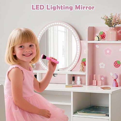Miniatura 5 de JOYLDIAS Tocador para niños con luces, tocador de maquillaje rosa para niñas con estantería abierta, armario de almacenamiento y estantes, juego de