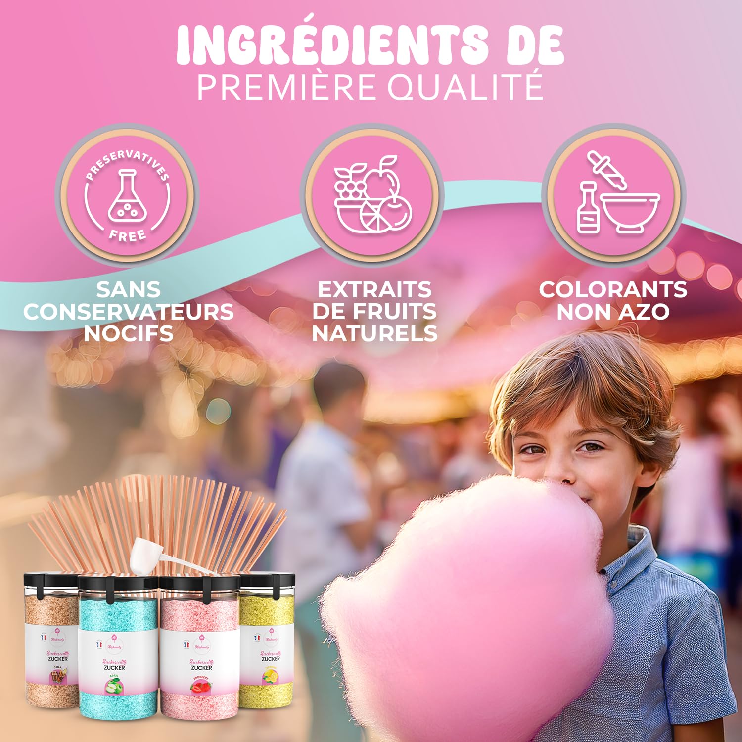 Misskandy® sucre barbe à papa pour machine- Lot de (4 * 240Gr) - (Arômes Naturels): Goûts: Fraise/Pomme/Cola/Citron/poudre barbapapa+ 50 bâtonnets (offerts)/ Fabriqué en France