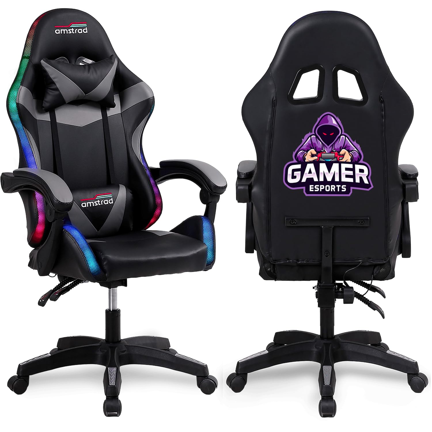 Amstrad AMS-​900-​LED-​GAMER Chaise Gaming avec Eclairage LED 366 Modes Telecommande Incluse Coussin Lombaire et Appui-​Tete Dossier Inclinable 150 degres Coloris Noir