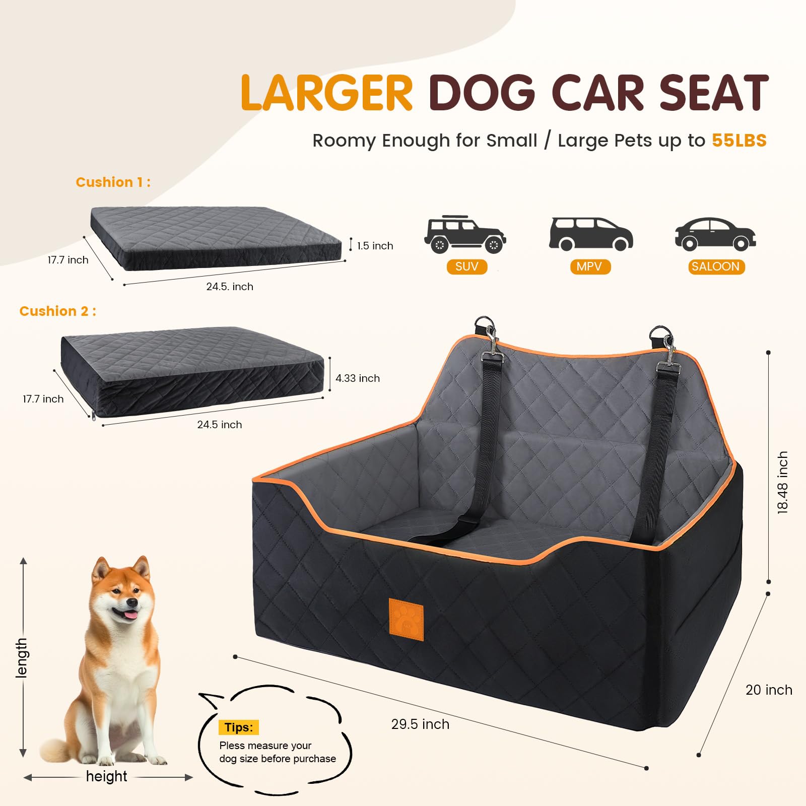 Sized Dog Car Pet Bed For Dogs Under 55 Lb Or 2 Small Dogs