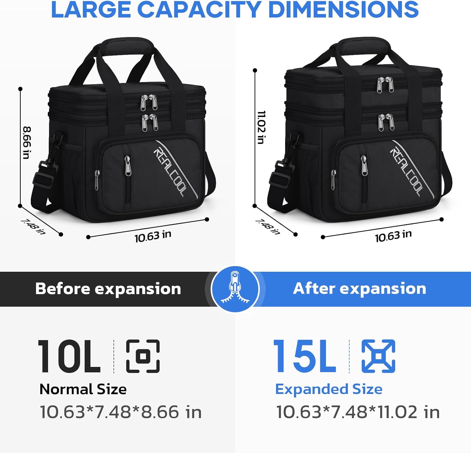 RealCool Lunch Bag, Insulated Lunch Box for Men Women, Double Deck Leakproof Soft Cooler Bag with Adjustable Strap, Reusable Lunchbox for Work, Travel, Camping (Black)