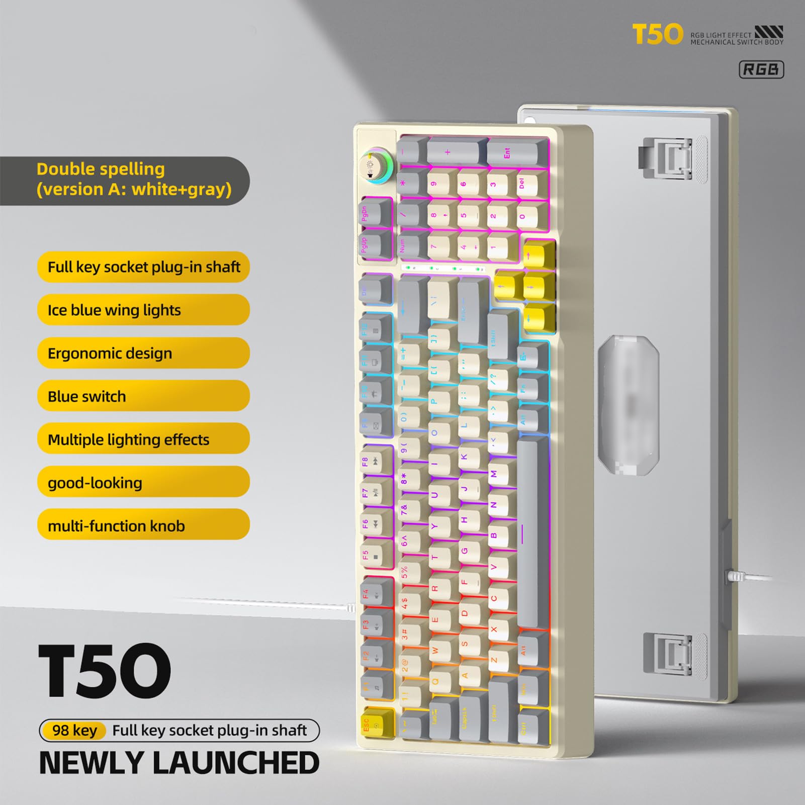 Jectse Klawiatura Mechaniczna T-WOLF T50 RGB, 98 Klawiszy z możliwością Wymiany Podczas Pracy, Niebieski Przełącznik z Dynamicznym Oświetleniem i Pokrętłem Sterującym, do Pisania na (Szary Beżowy