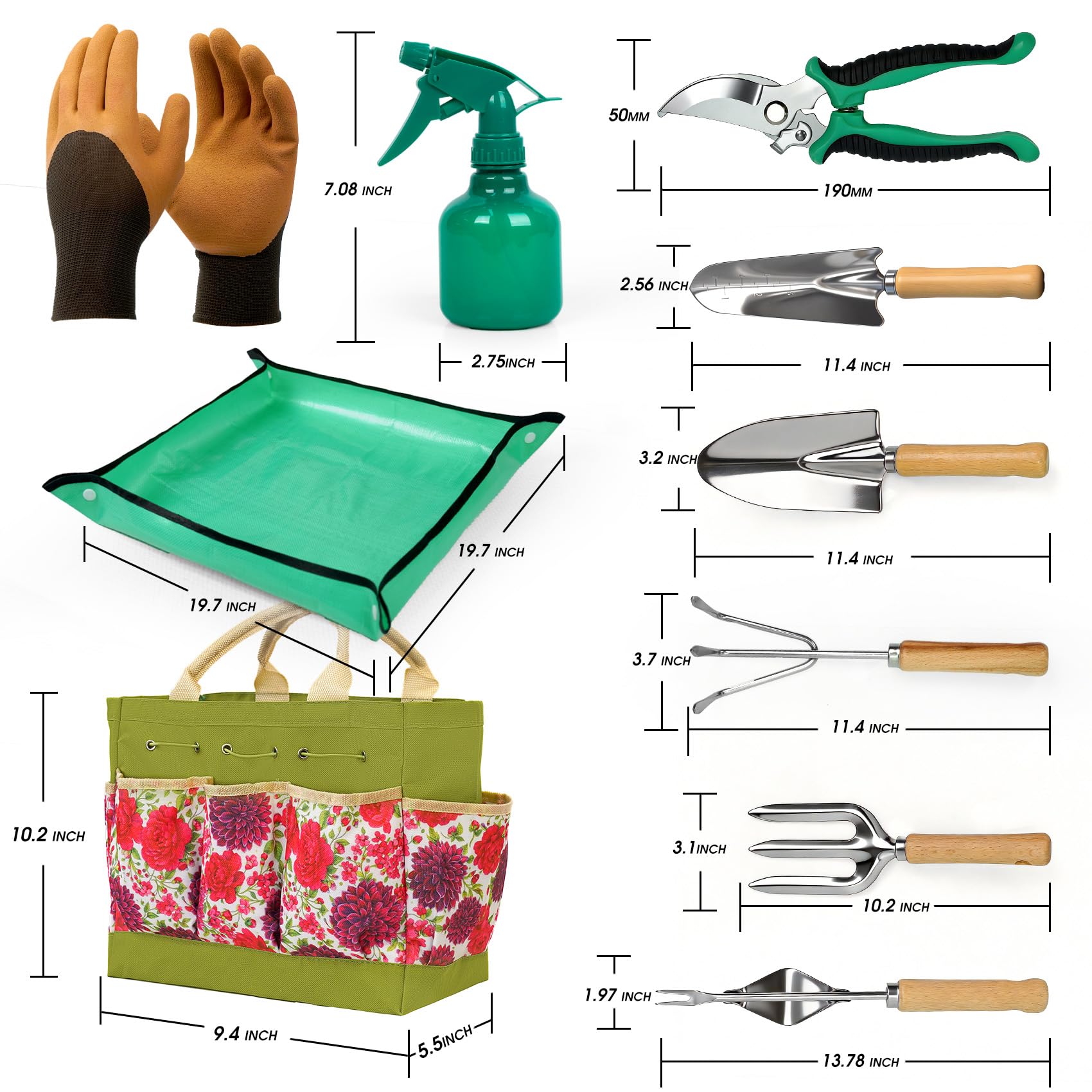 Kit de Jardinage Robuste 10 pièces en Acier Inoxydable avec sécateur Gants et Sac de Rangement idéal pour Femmes et Hommes Un Cadeau Parfait pour Les jardiniers