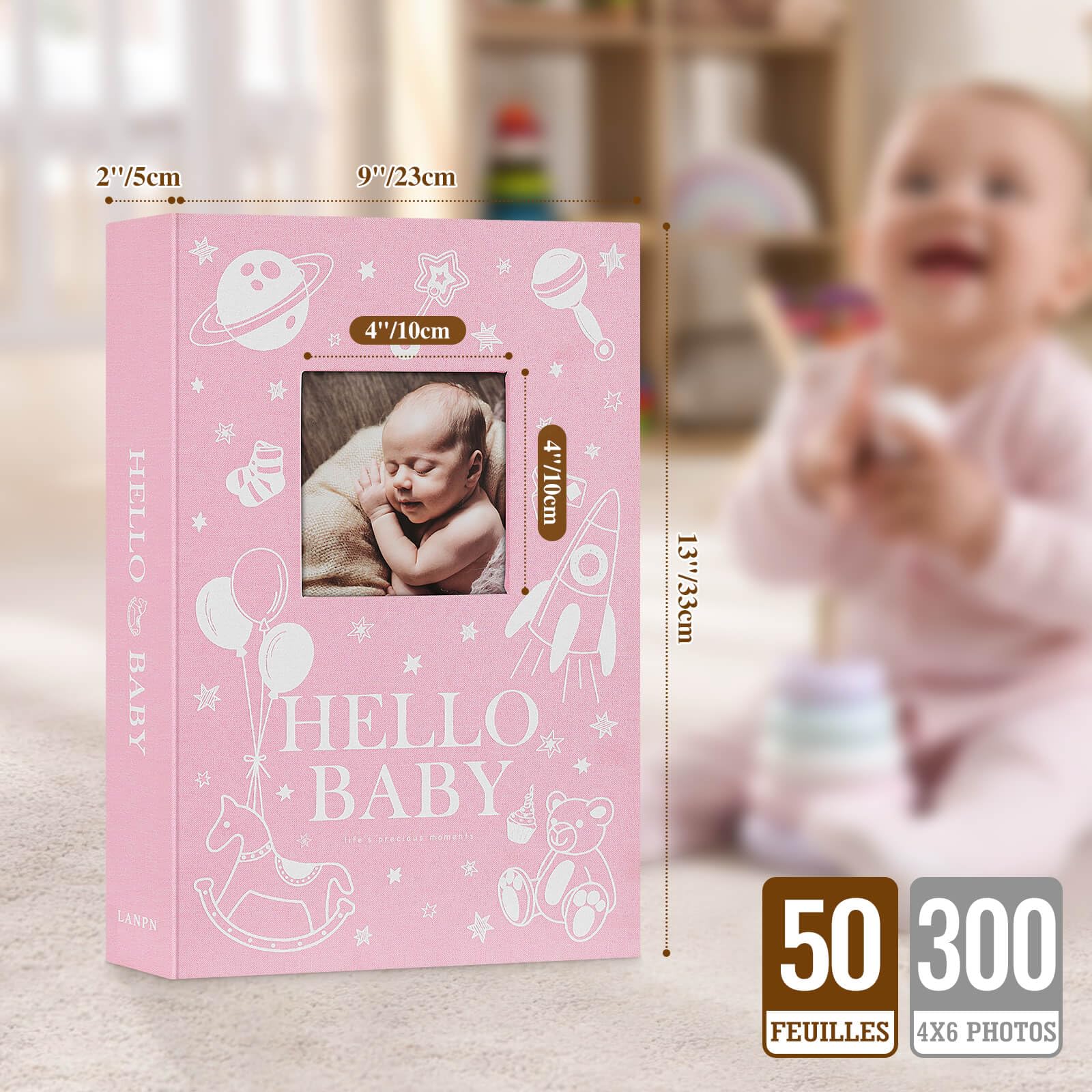 Lanpn Album Fotografico Bambino 10x15 300 Tasche, Lino Album Foto Nascita Bambo Regalo Battesimo Bimbo, Album Portafoto Neonato con area di scrittura memo, Album Battesimo Bimba Ragazza Bambino Rosa - 3