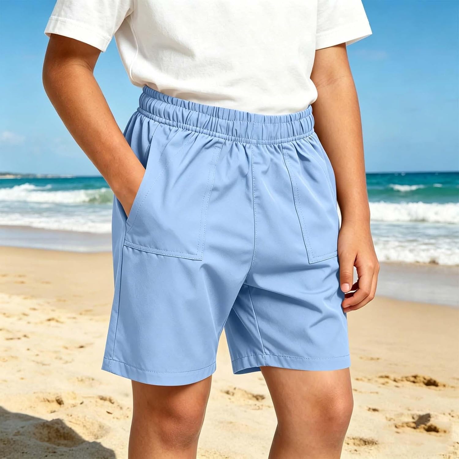 Boys Cargo Stretch Shorts Casual Elastic Waist Shorts Solid Straight Leg Short Pant with Pocket for Outdoor Hiking