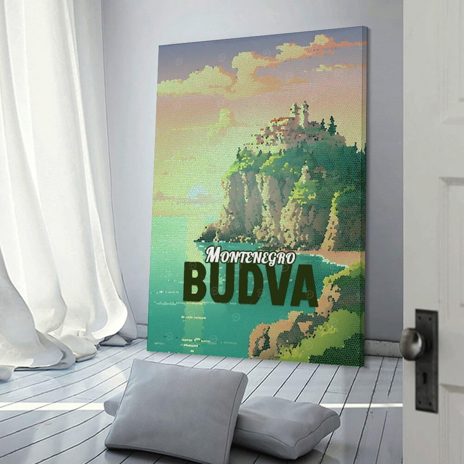Junmoney Montenegro Budva Mosaic Landscape Canvas Wall Art, 24x36inch(60x90cm), for Living Room, Bedroom, Office Or Hallway, Versatile Wall Decor for Many Rooms