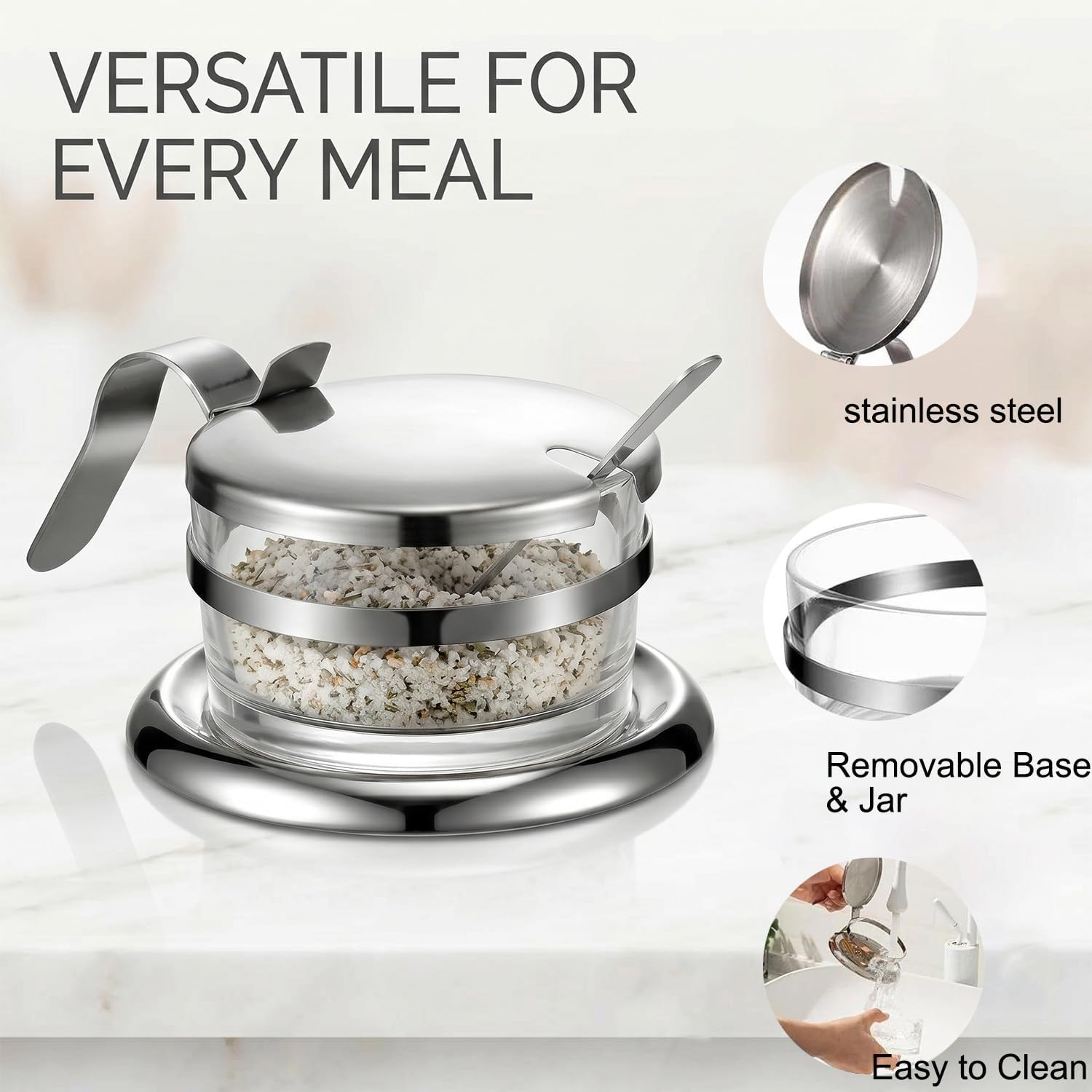 Stainless Steel Salt Cellar with Spoon, Spice Storage Jar for Countertop