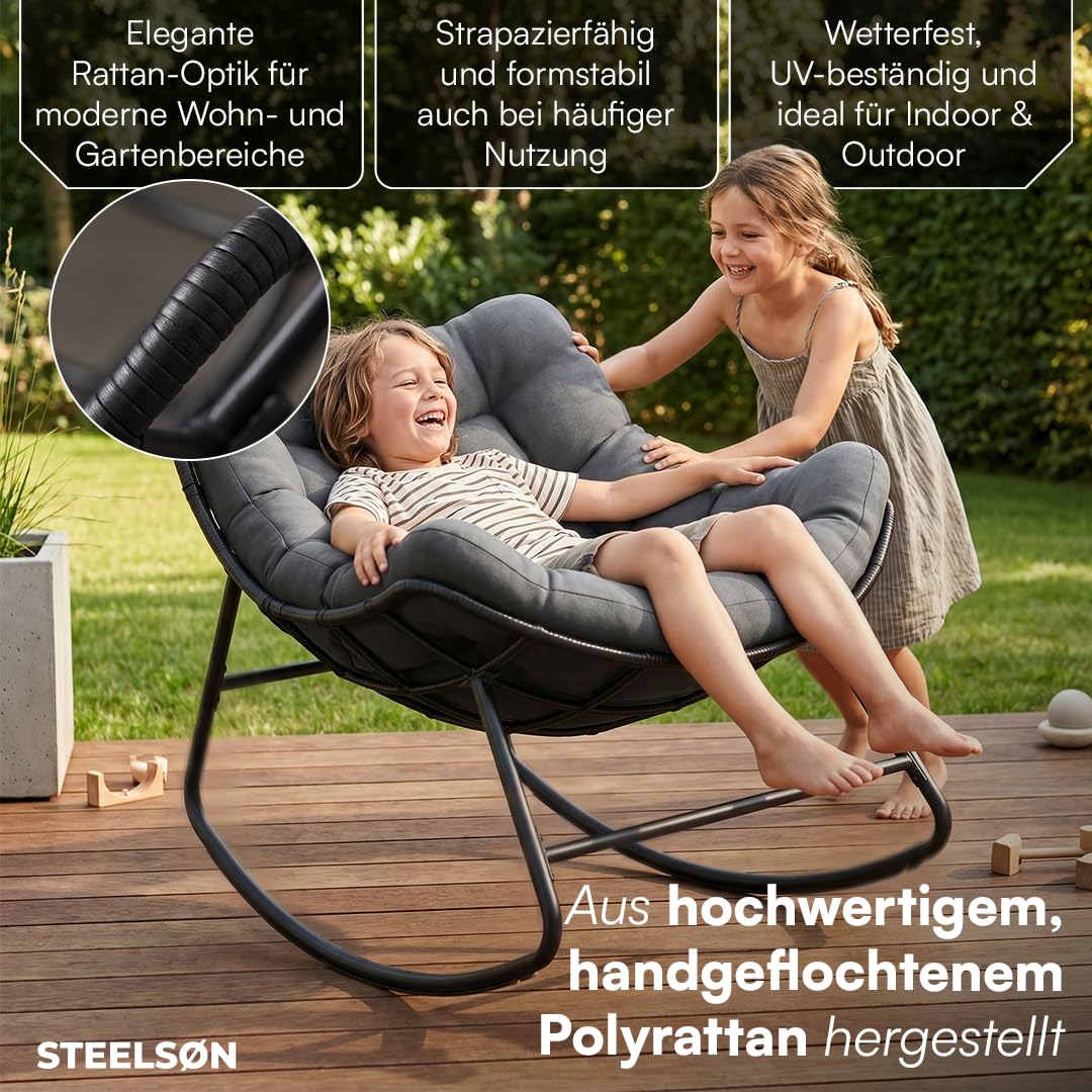 STEELSØN Veldora Schaukelstuhl – XXL Schaukelsessel outdoor/indoor – ergonomischer Gartensessel gepolstert - handgeflochtener Polyrattan - Loungesessel wetterfest & rutschfest – bis 125 kg - anthrazit