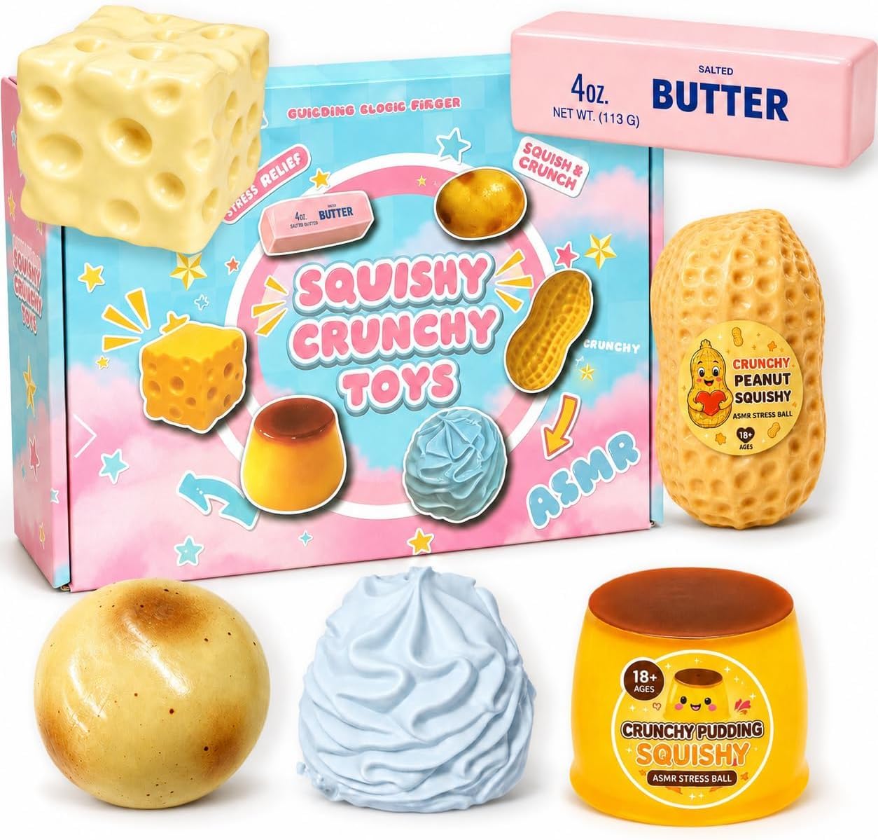 6 Pack Squishy Fun Box Set, Crunchy Slow-Rising Squeeze Fidget Toys Kit — image 1