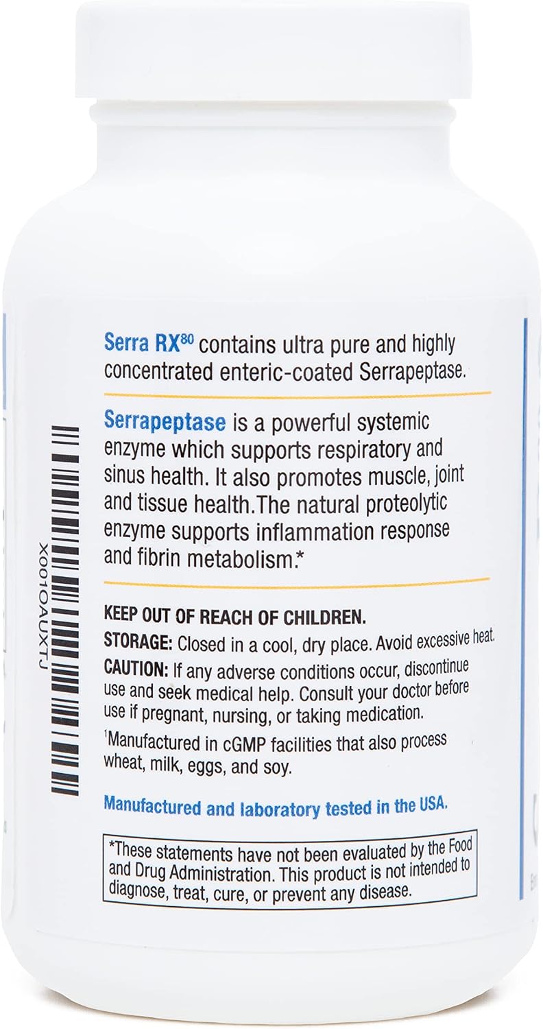 Serra-RX 80,000 SPU Serrapeptase - Enteric Coated Proteolytic Systemic Enzyme, Non-GMO, Gluten Free, Vegan, Supports Sinus & Lung Health, 90 Veg Capsules