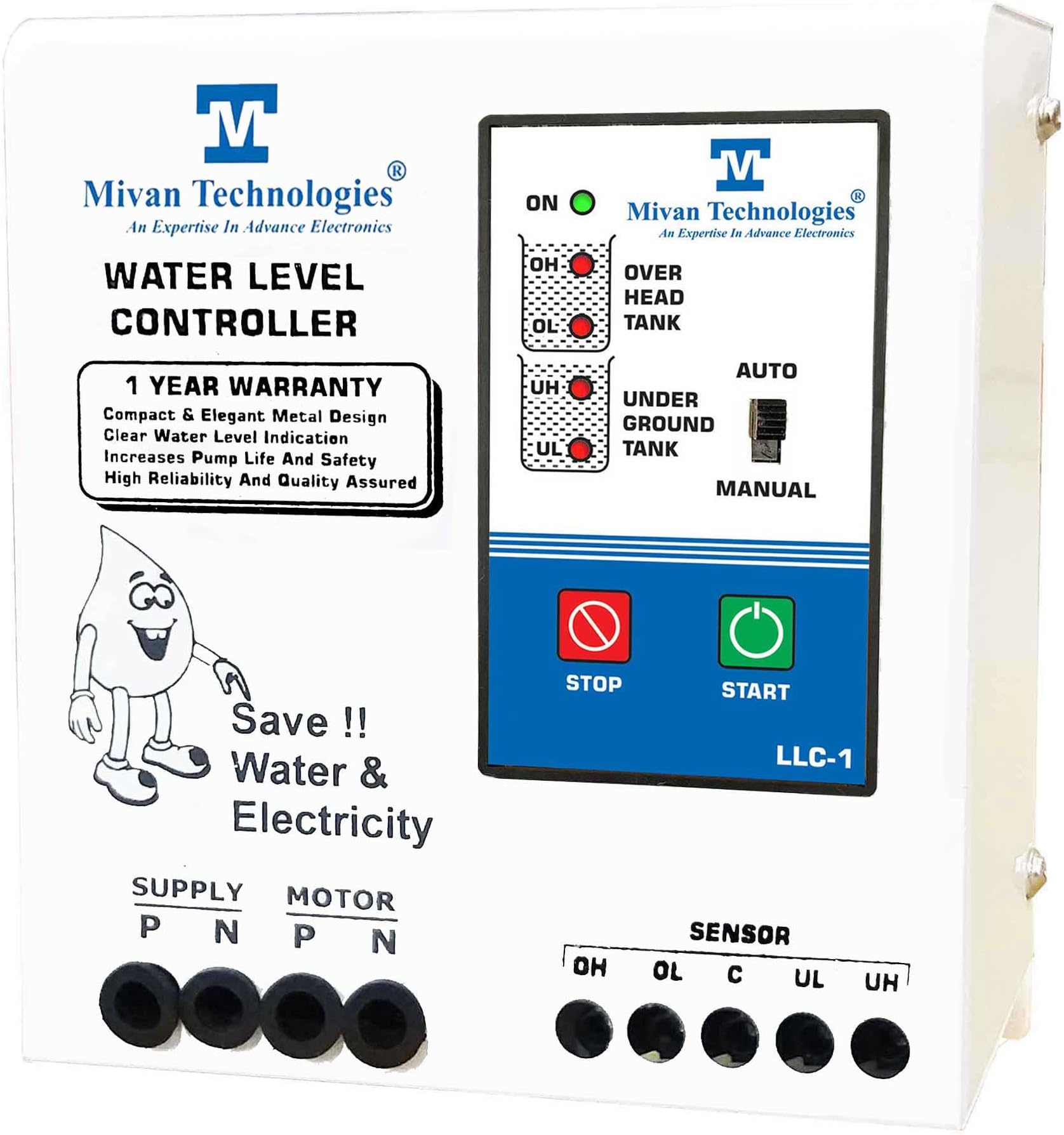 Mivan Technologies LLC 1 Fully Automatic Water Level Controller & Water Level Indicators for UP & Down Tank with 6 Sensors, Suitable for Motor Upto 5HP, Supply 230VAC with Dry Run Protections, White