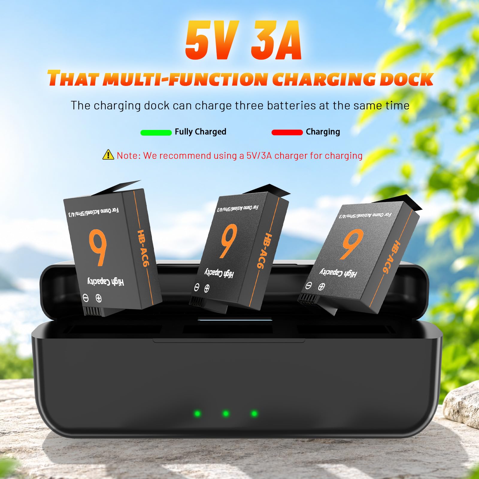 3er-Pack Action 6 Akku + Ladegerät kompatibel mit DJI Osmo 360, Action 6, Action 5 Pro, Action 4 und Action 3, 2800-mAh-Akkus und USB-C-Ladegerät im Etui