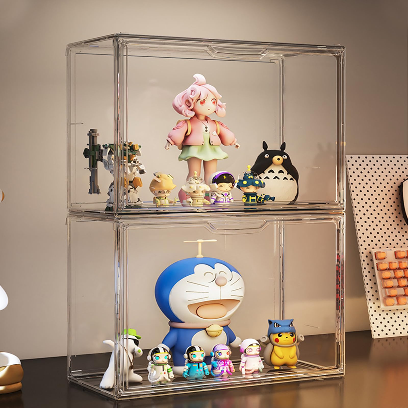 Transparente stapelbare Kunststoff Aufbewahrungsboxen mit magnetische Tür, Staubdichte Aufbewahrung Vitrine Schaukasten für Figuren, Kosmetik, Schuhe, Bücher und Handtaschen (36x22x27cm,4er-Set)