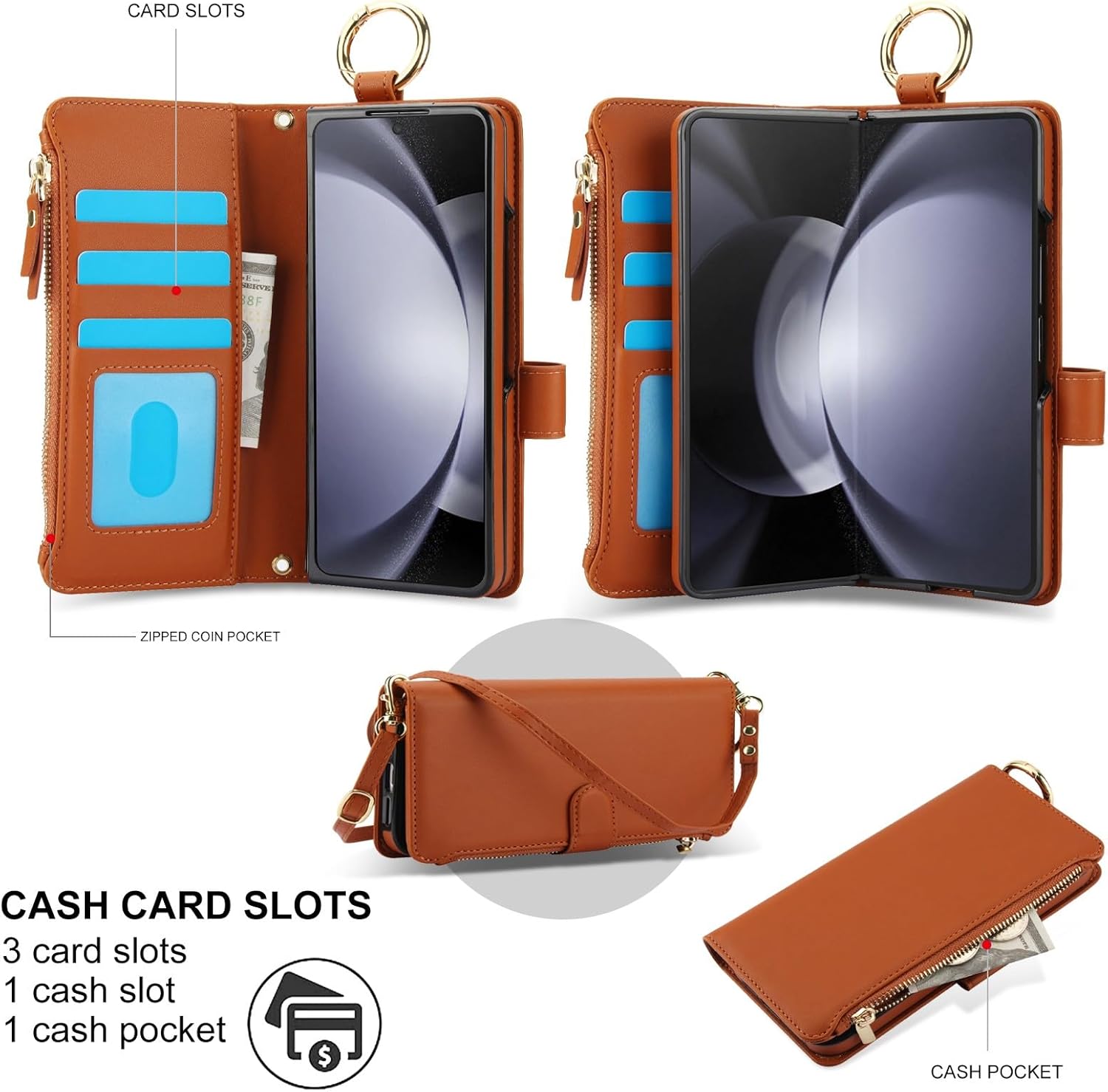 for Samsung Galaxy Z Fold 6 Wallet Case with 3 Credit Card Slots and Cash Slot Zipper Pocket,Wristband and Ring, RFID Blocking Multi Card Function Magnetic Clasp Kickstand.(Brown)