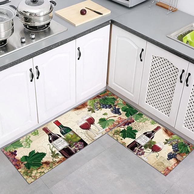 comfoyar 2 Pieces Kitchen Mat, Grapes Wine Rugs, Thick Cushioned Anti Fatigue Floor Mat for Kitchen, Non-Slip Waterproof Heavy Duty Comfort Standing Mats, PVC Runner Rugs, 44 cm×75 cm + 44 cm×120 cm
