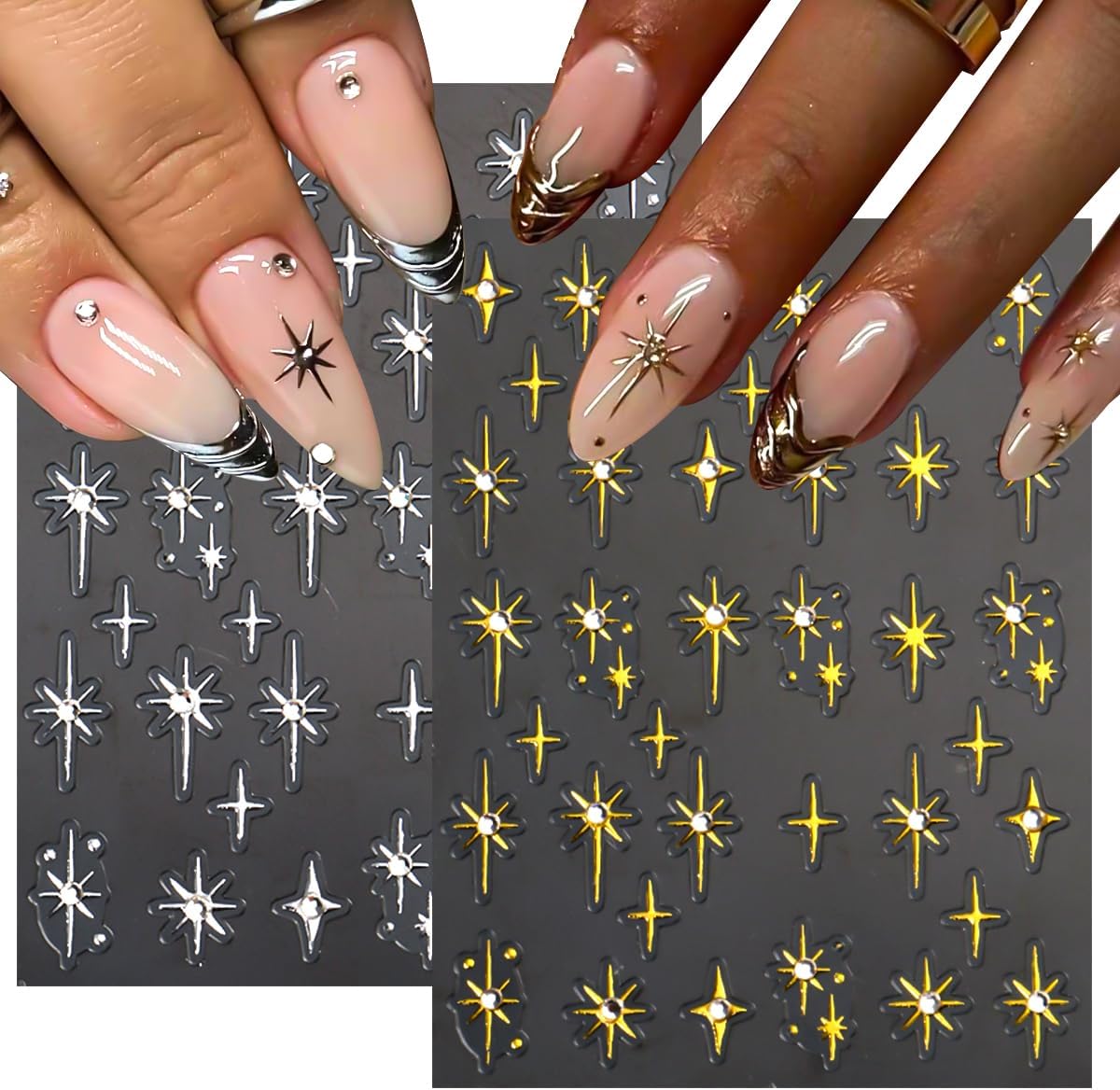 6 Sheets Star Nail Art Stickers Decals Gold Silver Cross Starlight with Rhinestone Design 3D Self Adhesive Nail Supplies for Women Acrylic Manicure DIY Decoration