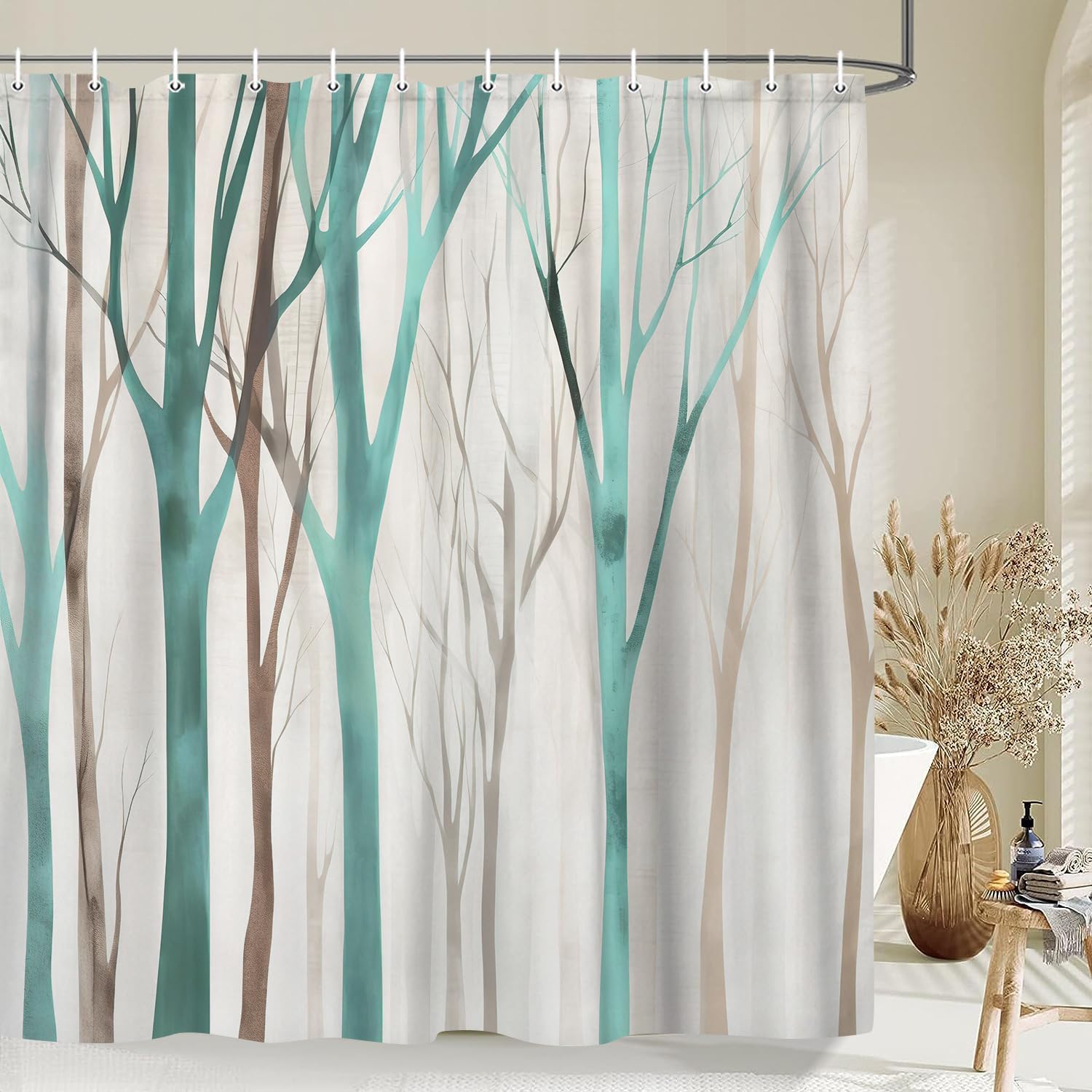 MERCHR Brown Teal Tree Fabric Shower Curtain, Art Style Abstract Birch Forest Rustic Wood Polyester Fabric Waterproof Bath Curtain, Farmhouse Bathroom Shower Curtains with Hooks 72X84 Inch