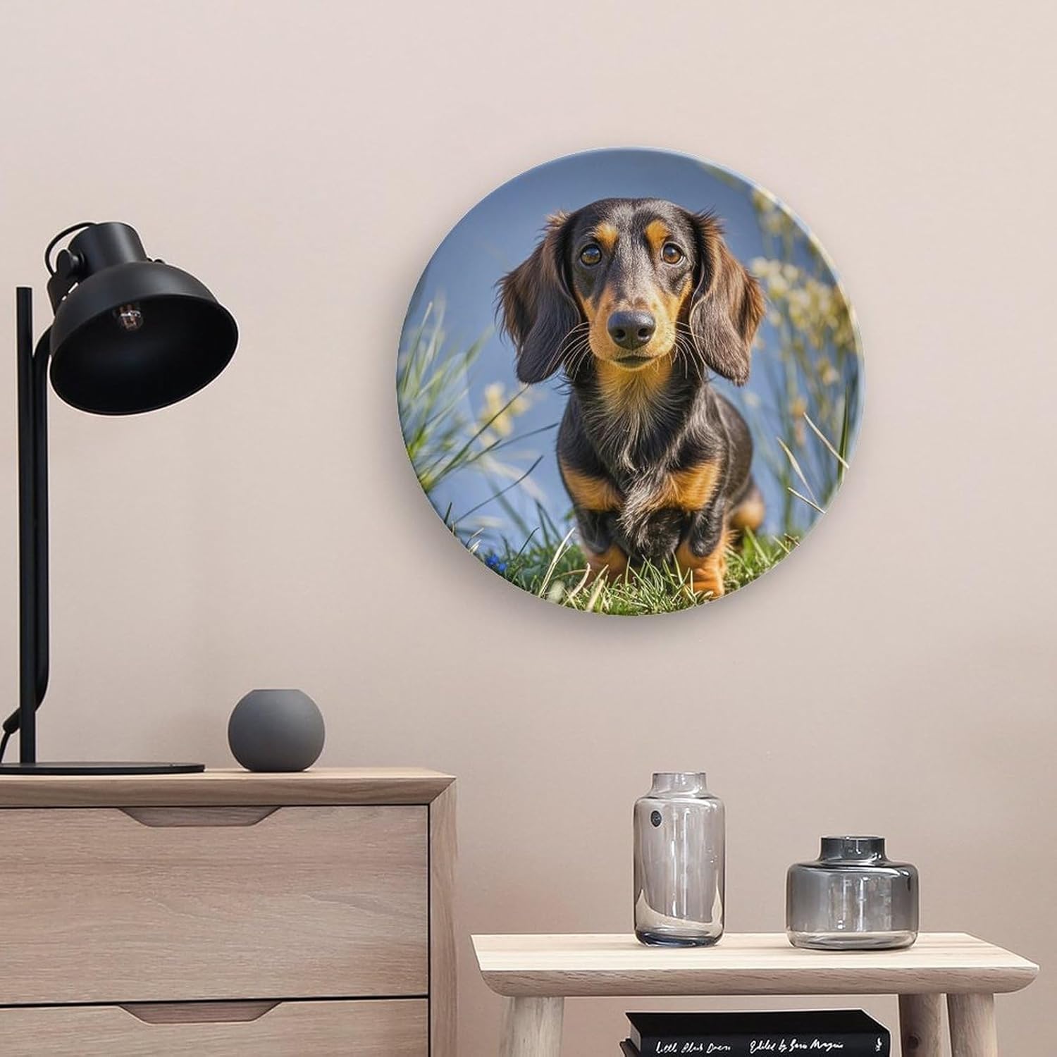 Pad Dachshund Ceramic Plate 10inch Decorative Bone China Wall Hanging Ornament Plates Bohemian Style Dinner Plate with Display Stand Cabinet Display Plates for Home Art Decor