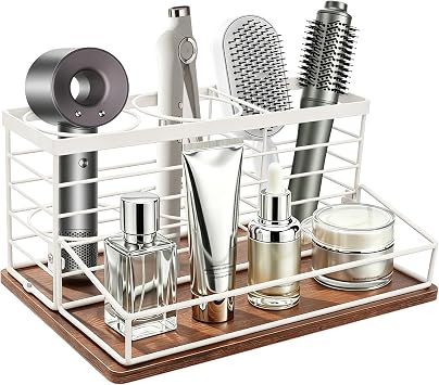 Hair Tool Organizer, Movable Hair Dryer Holder, Hair Styling Tools Storage for Vanity, Bath Counter Organizer, Bathroom Trays for Hair Toiletry, Makeup 12" x 7.7" x 5.8", Wood-White