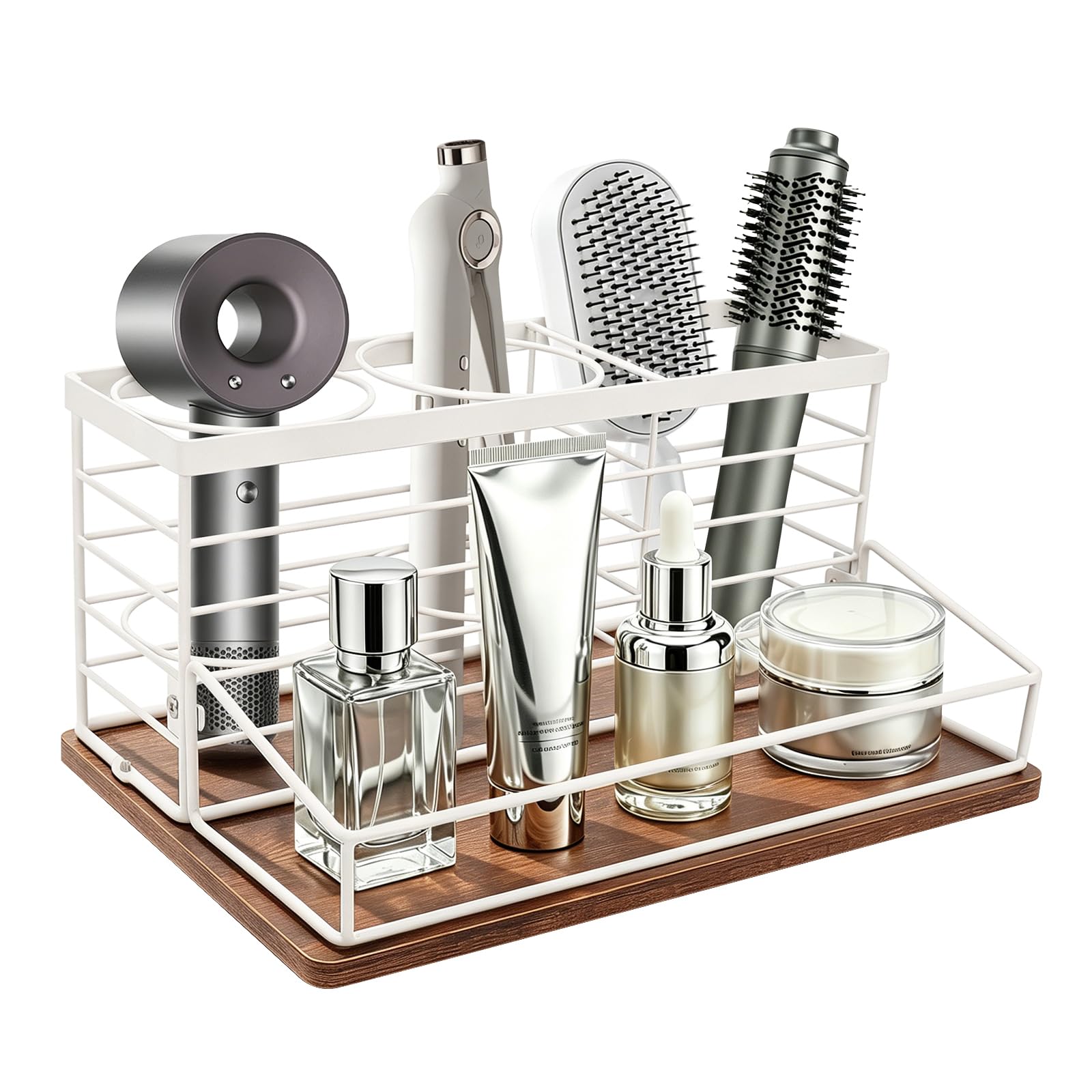 Hair Tool Organizer, Movable Hair Dryer Holder, Hair Styling Tools Storage for Vanity, Bath Counter Organizer, Bathroom Trays for Hair Toiletry, Makeup (12" x 7.7" x 5.8", Wood-White)