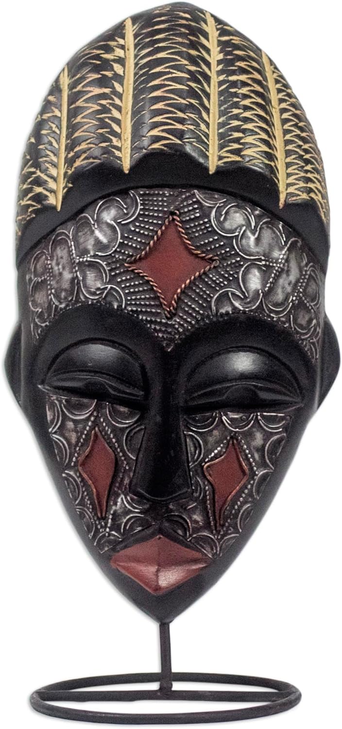 NOVICA Decorative Ghanaian Large Sese Wood And Aluminum Mask With Stand, Metallic, 'Communion'