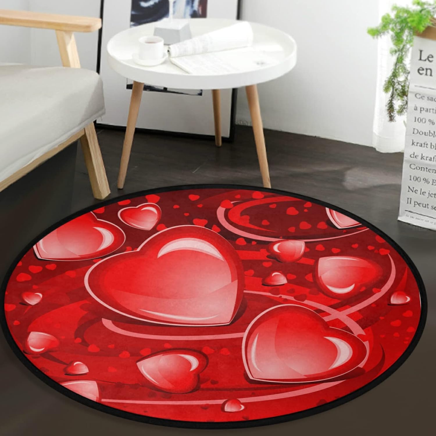 Vdsrup Valentine's Day Round Floor Mat Romantic Love Heart Doormat Carpet Yoga Mat Area Rug for Entryway Living Room Bedroom Home 3'Diameter