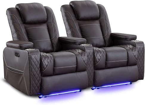 Houjud Power Recliner Chair, Electric Reclining Chair Home Theater Seating with Adjustable Headrest, LED Lighting, Cup Holders, Hidden Arm Storage for Living Room and Bedroom, PU Leather, Dark Brown